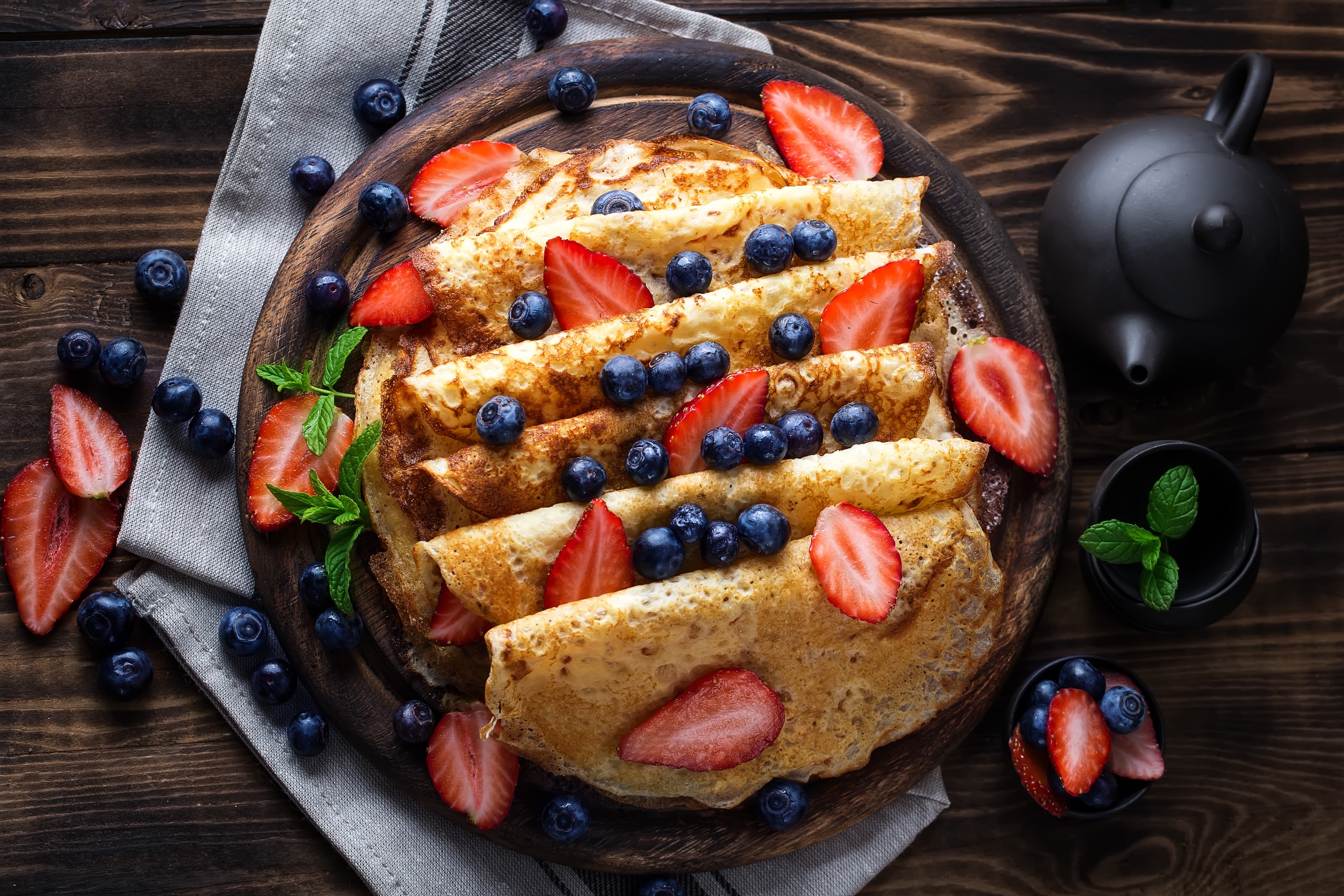 Food Fruit Berries Strawberries Crepes Blueberries Mint Leaves Wooden Surface Napkin 2560x1707