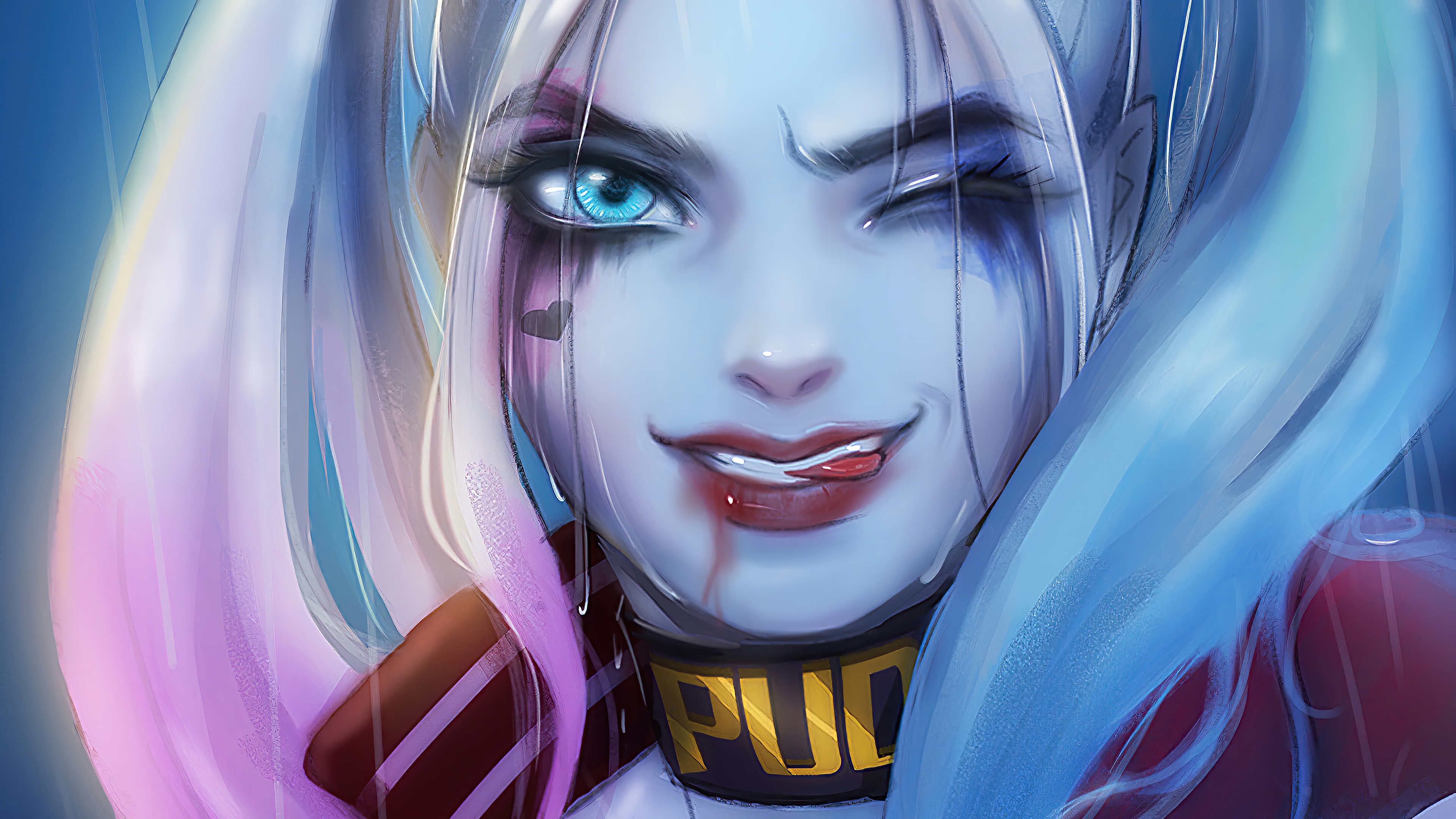 Digital Art Artwork Women Harley Quinn Suicide Squad Pigtails Blue Eyes Biting Winking Choker 3840x2160