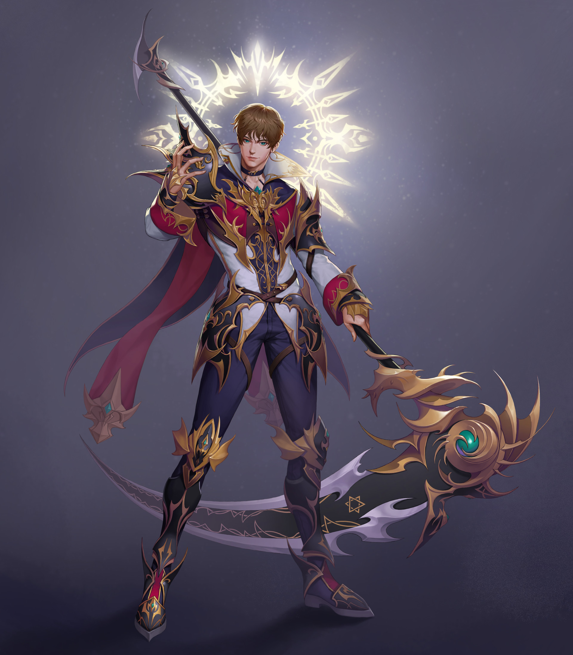 Drawing Men Glowing Armor Cape Gold Spell Priest Scythe Weapon Turquoise Eyes 1920x2194