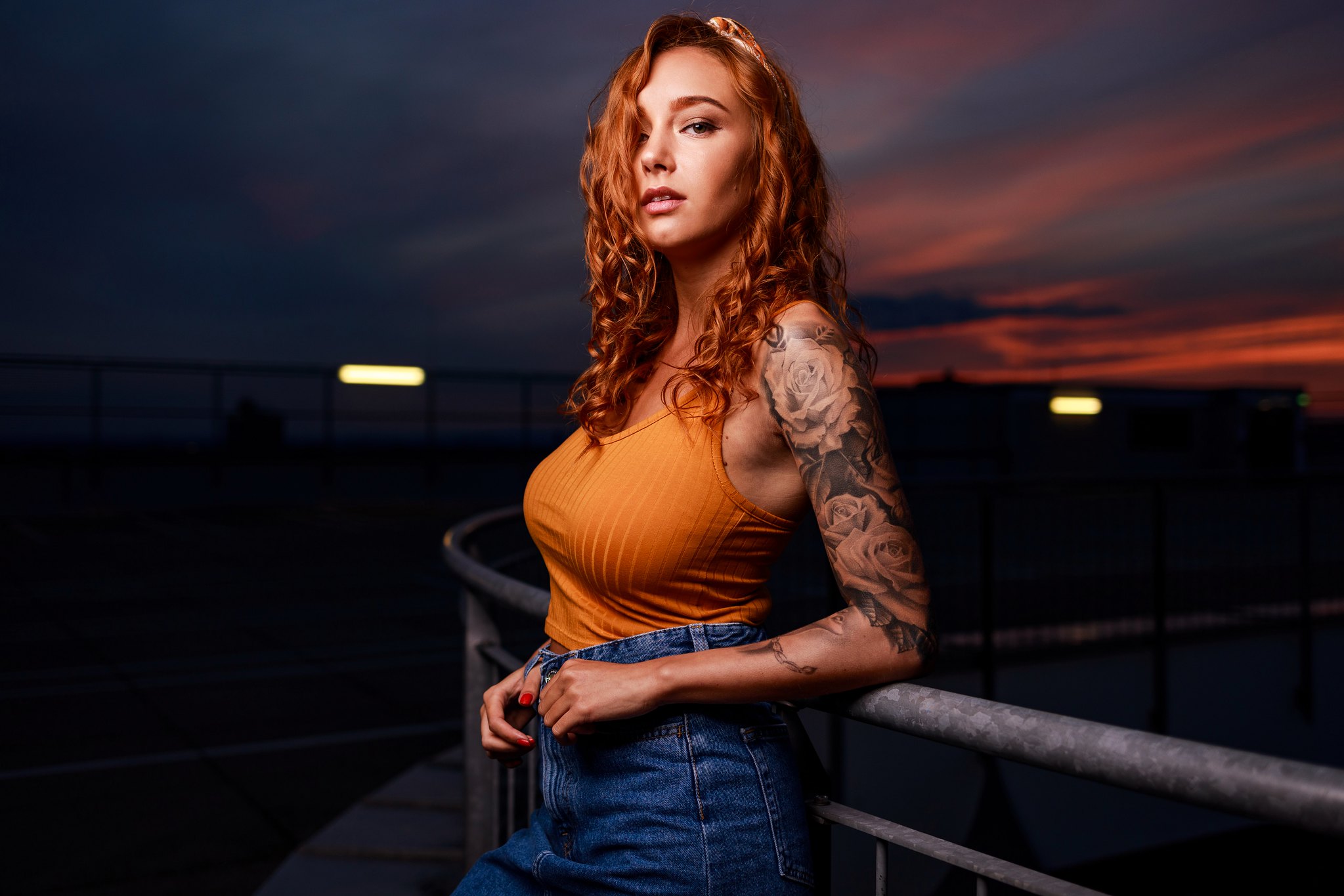 Women Portrait Model Redhead Brown Eyes Open Mouth Orange Tops Jean Skirt Tattoo Red Nails Looking A 2047x1365