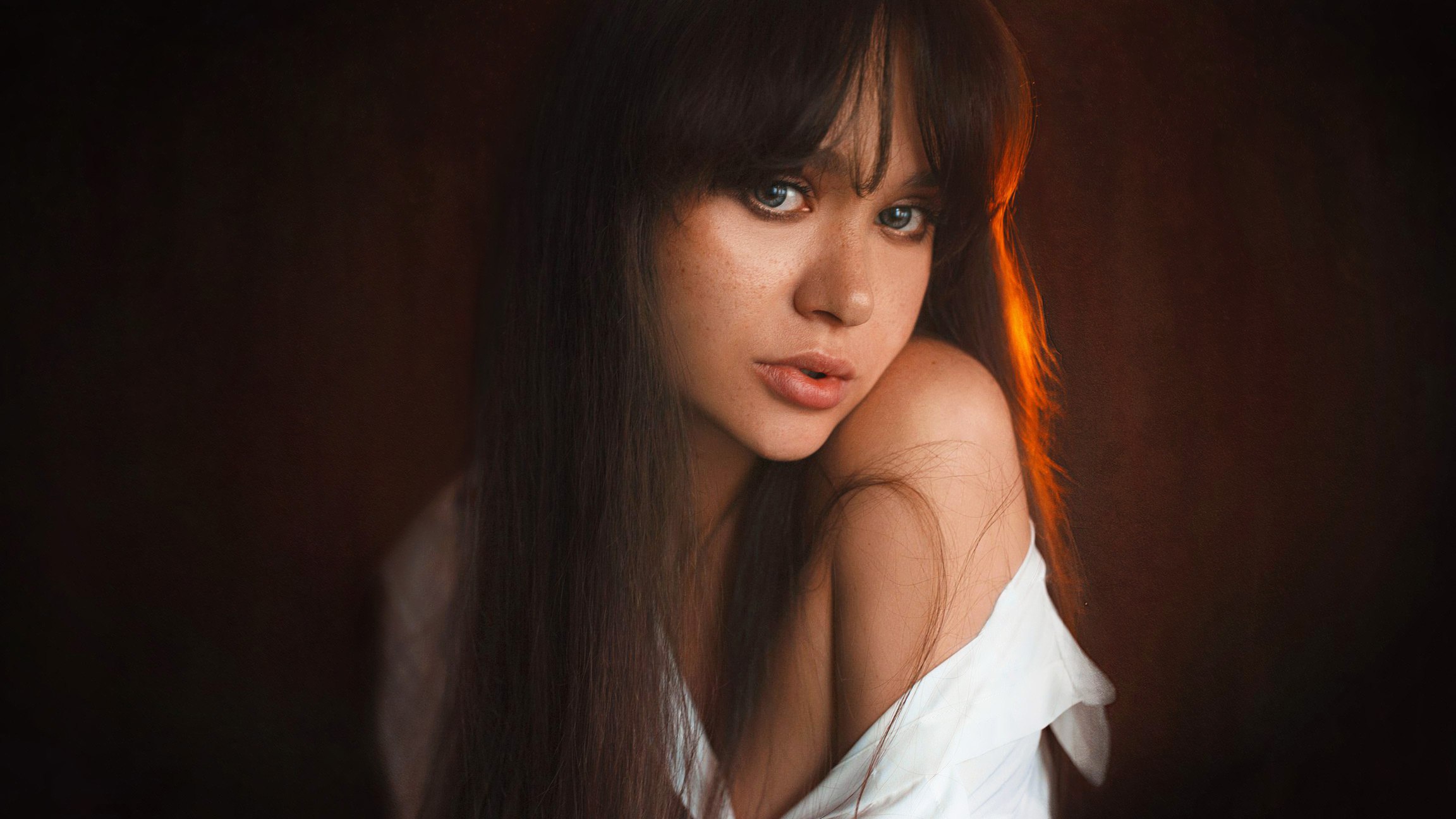 Women Brunette Blue Eyes Straight Hair Bangs Face White Shirt Tanned Freckles Portrait Maria Kozhevi 2304x1296