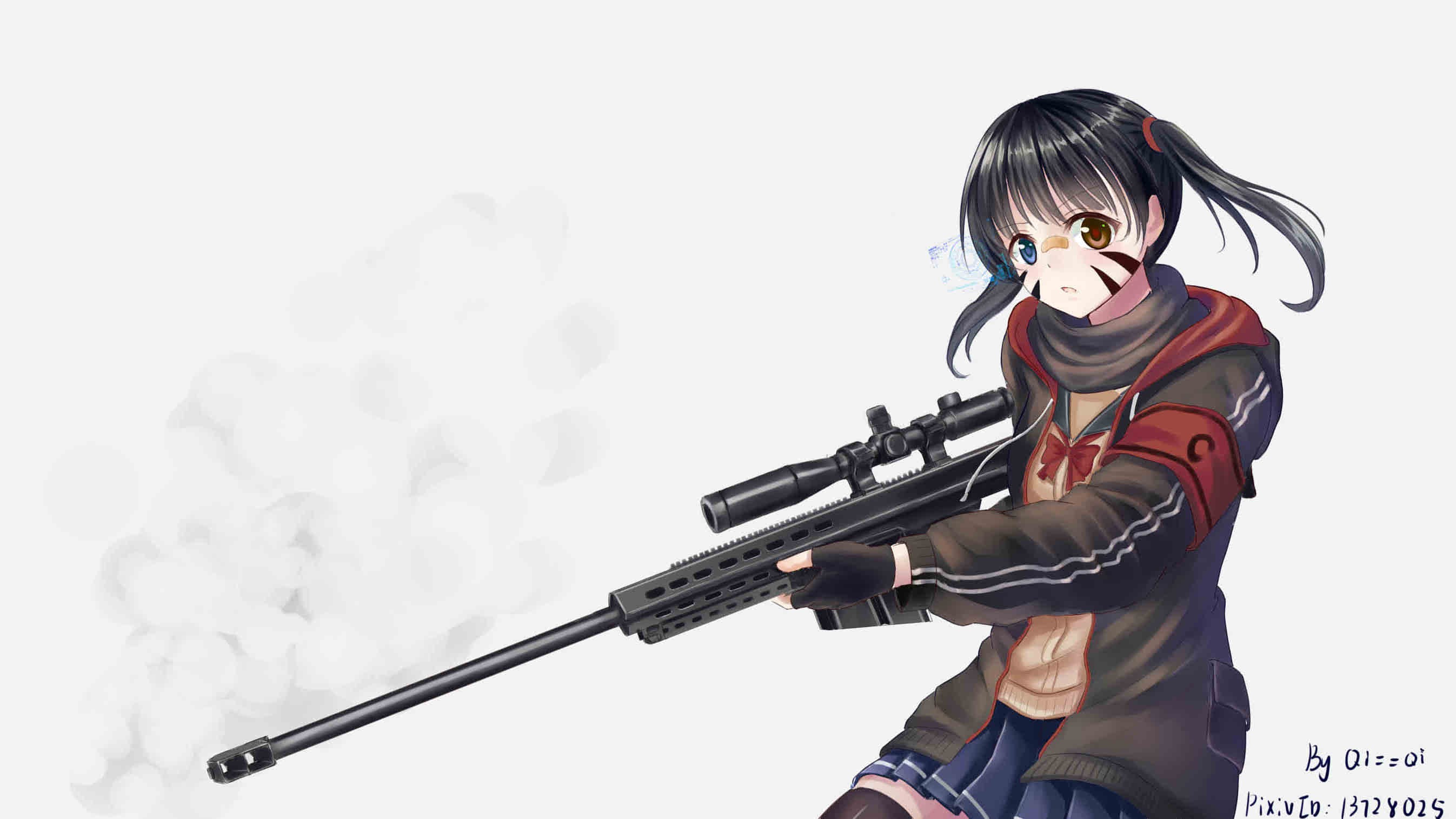 Anime Anime Girls Short Hair Twintails Black Hair Weapon Gun Sniper Rifle Skirt Hologram Heterochrom 2693x1515