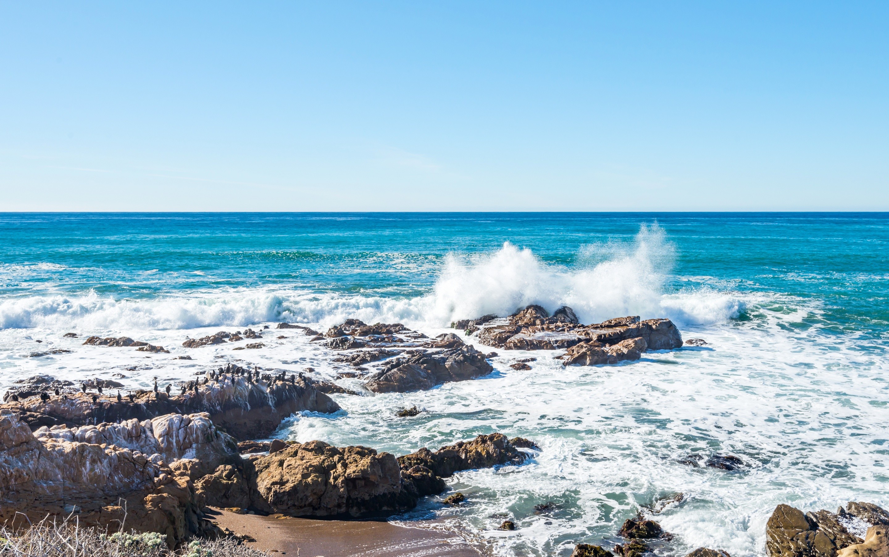 Atlantic Ocean Sea Coast Nature Beach Water Splashes Cyan Clear Sky Blue Rocks Sunlight Bright Sky W 2880x1803