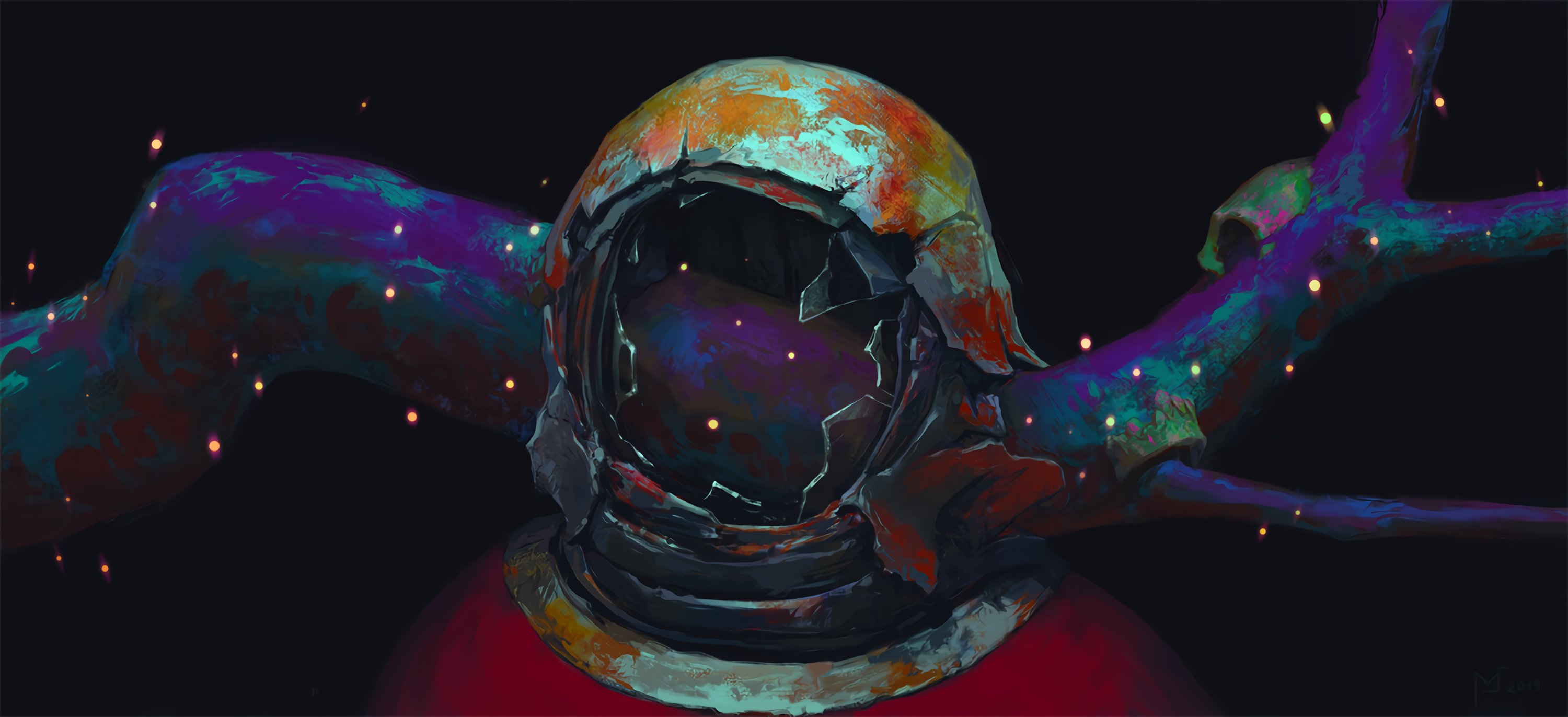 Astronaut Broken Helmet Branch Rust Fireflies Skull Space Suit 3000x1372