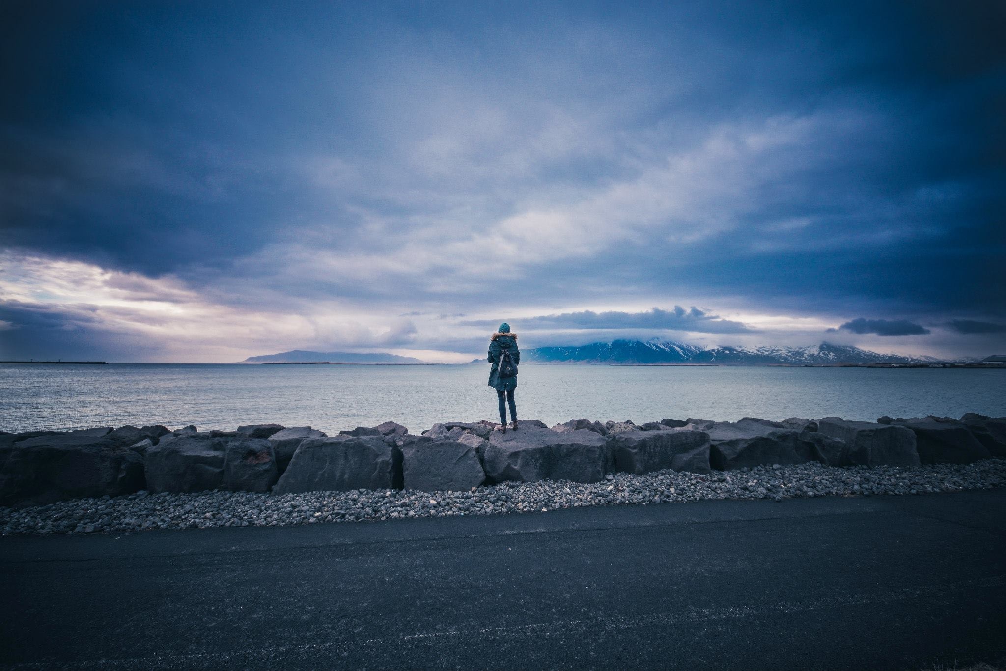 Photography Road Sea Clouds Rocks Women Isolation Blue Violet Gravel 2048x1366