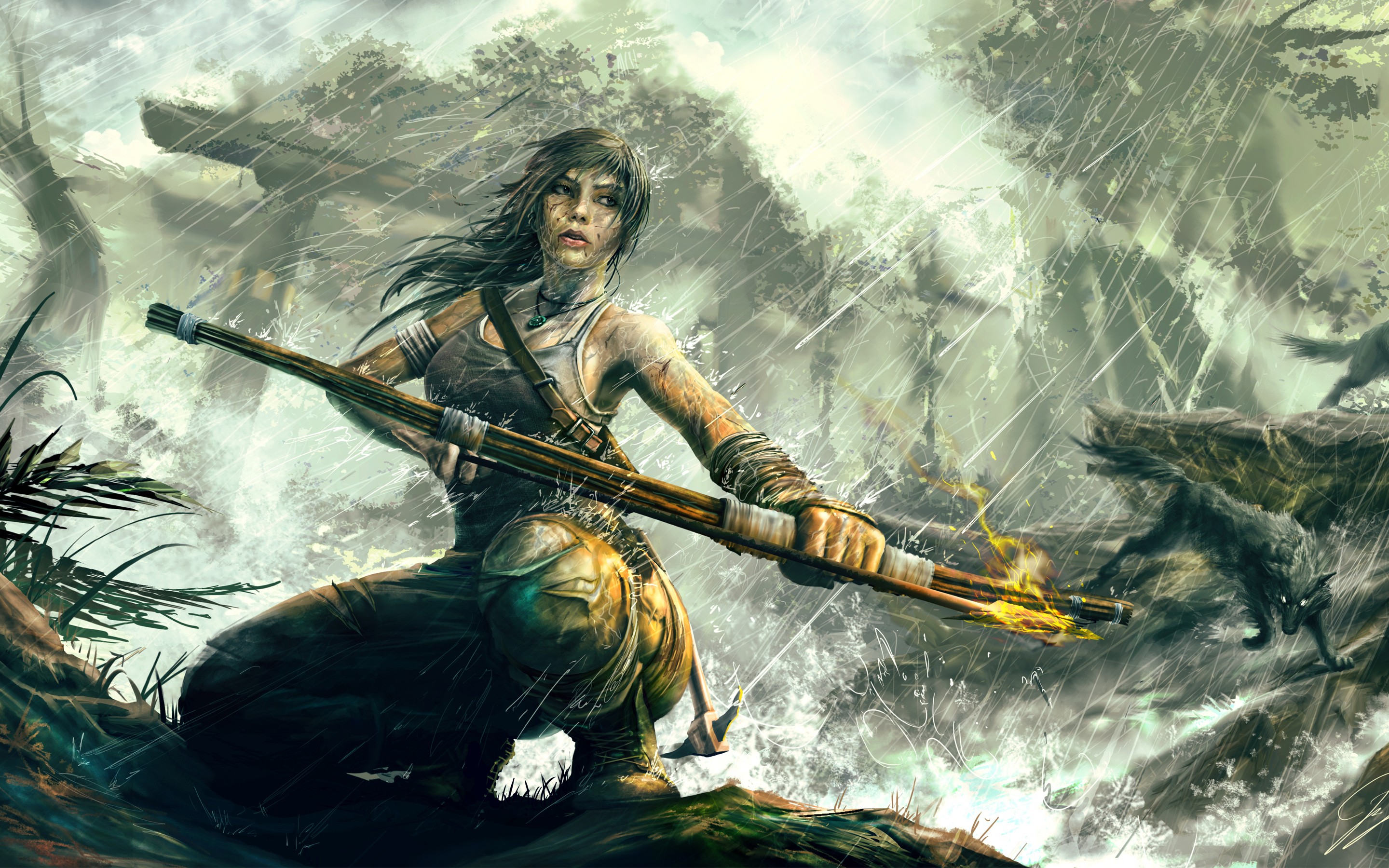 Women Lara Croft PC Gaming Bow Rain Nature Fire Fighter 2880x1800