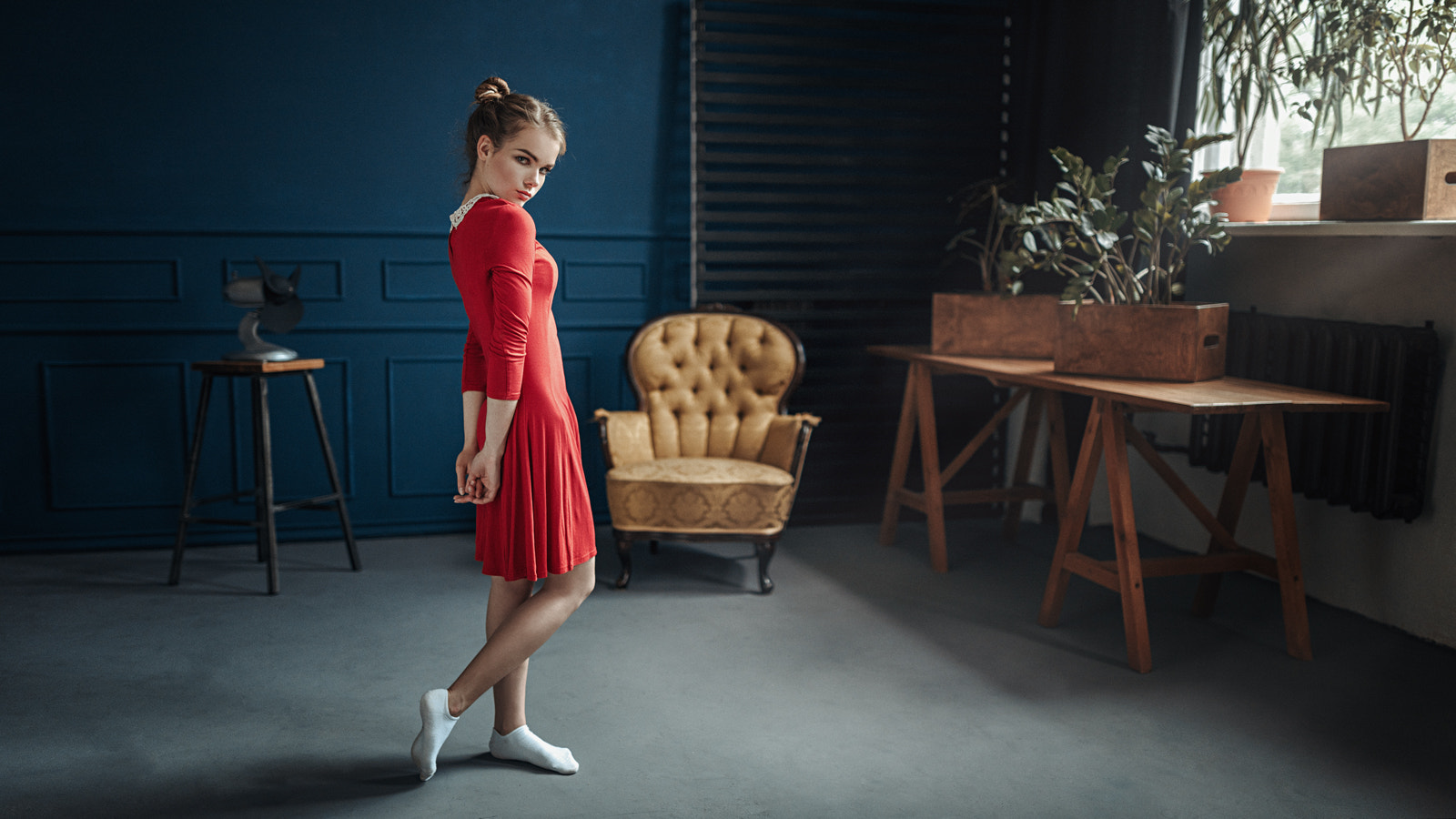 Women Blonde Red Dress Socks Armchairs Plants Irina Regent Blue Eyes 1600x900