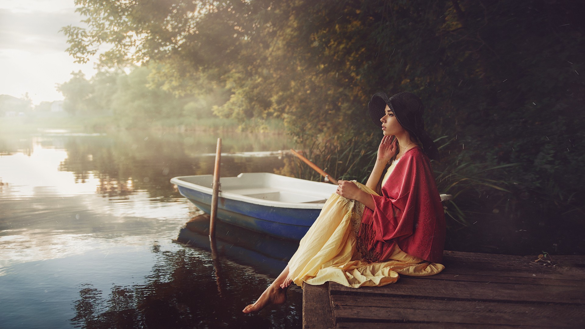 Women Brunette Hat Dress Pier River Boat Mist Side View Women Outdoors Barefoot Hazy Maks Kuzin Mill 1920x1080