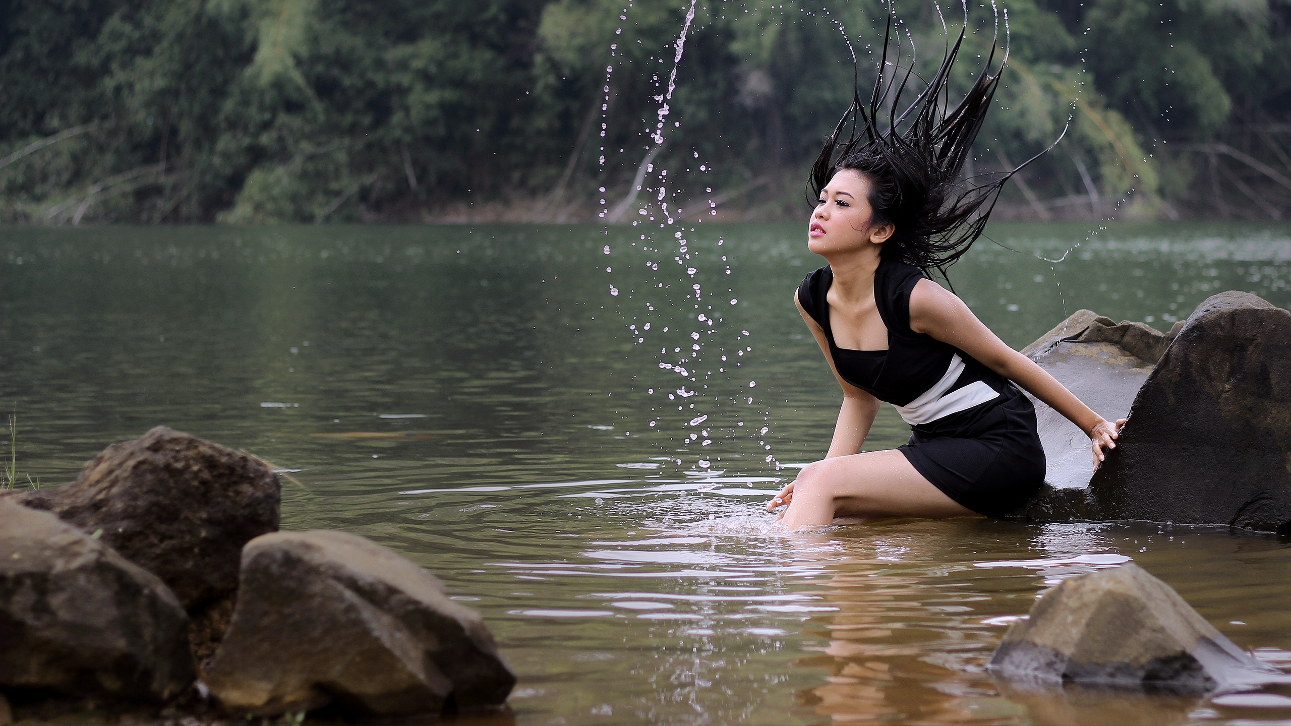 Asian Black Dress Women Outdoors Black Hair Brunette Women Long Hair Water Splash 2560x1440