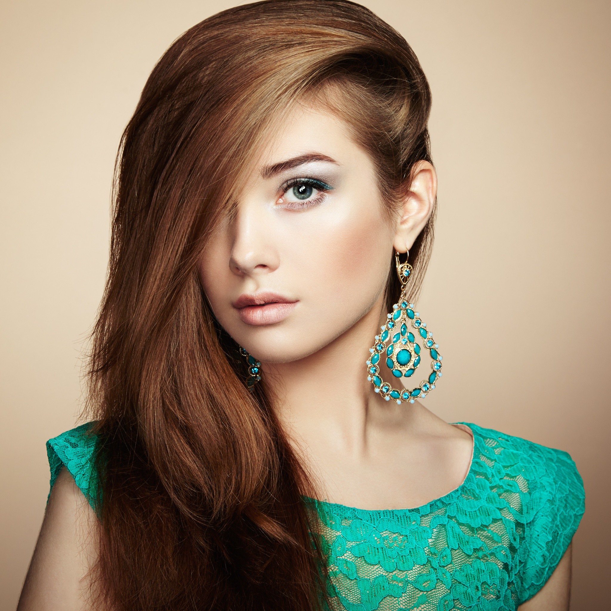 Portrait Face Women Brunette Oleg Gekman Redhead Portrait Display Green Top Blue Eyes Long Hair Look 2048x2048