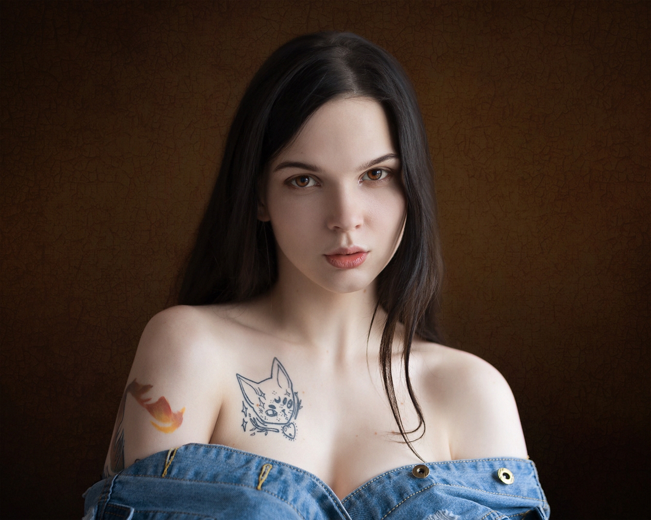 Women Model Brunette Portrait Looking At Viewer Tattoo Brown Eyes Bare Shoulders Denim Shirt 1340x1072