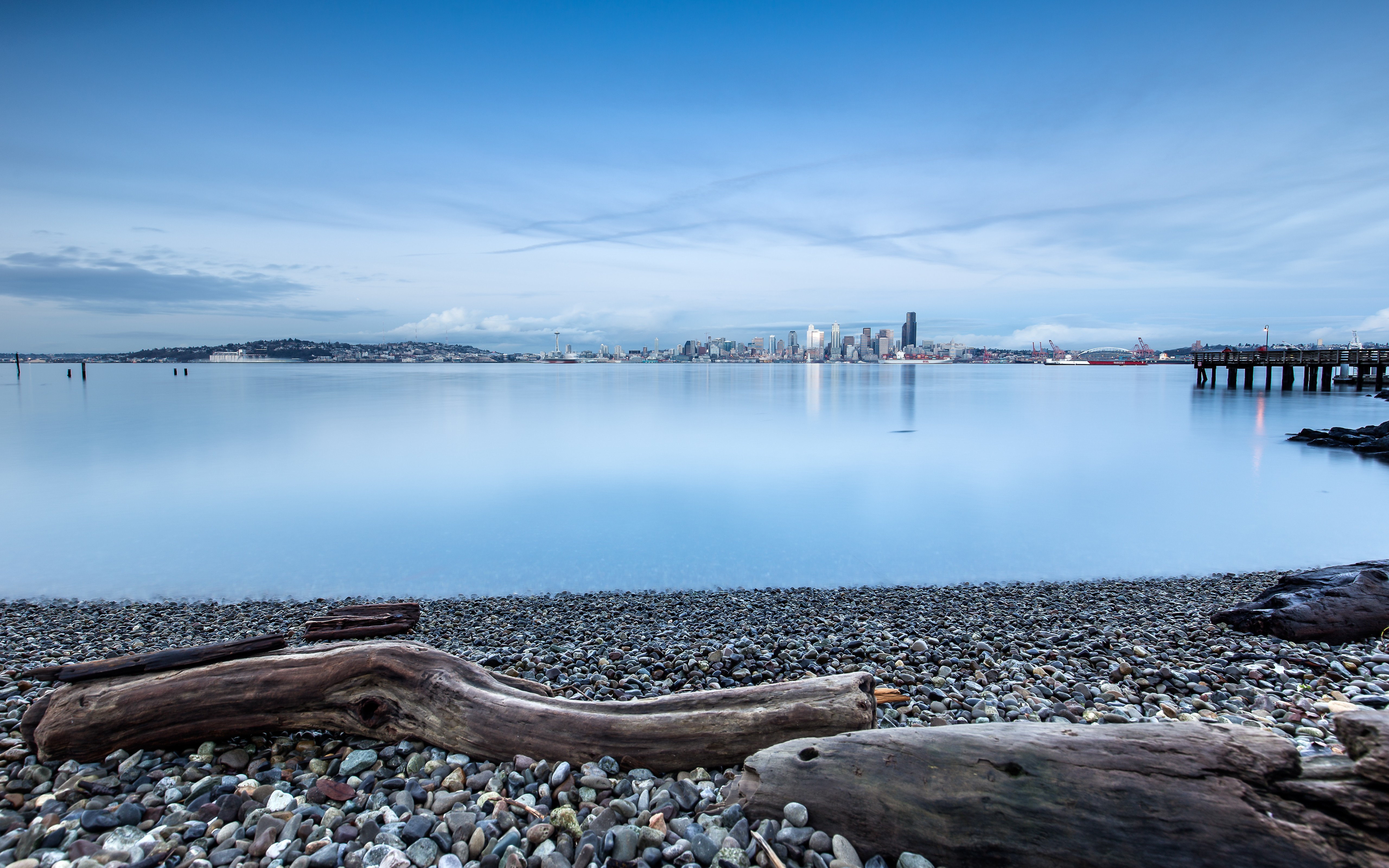 Coast Driftwood Pebbles Calm Water Lake Seattle Cityscape 5120x3200