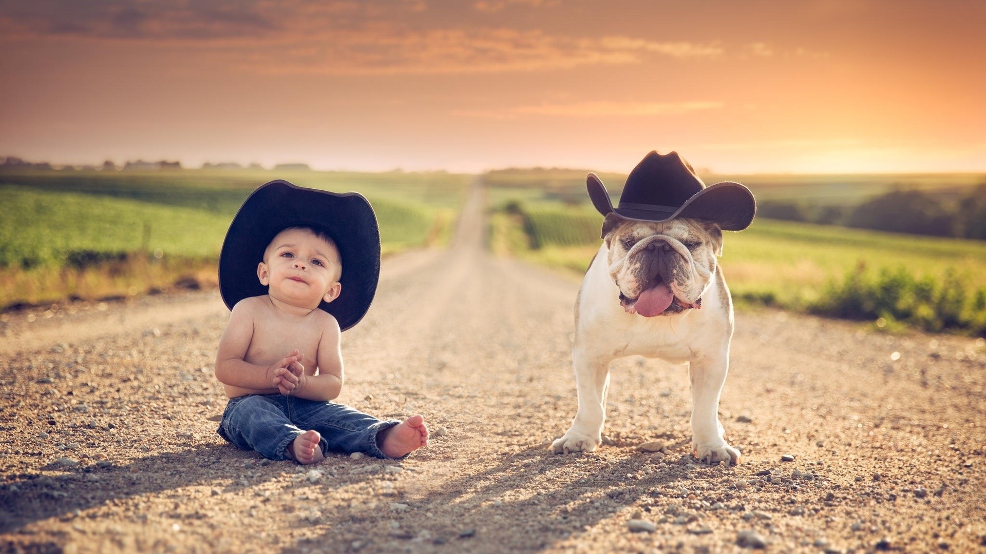 Children Dog Cowboy Hats Animals Jake Olson Road 1920x1080