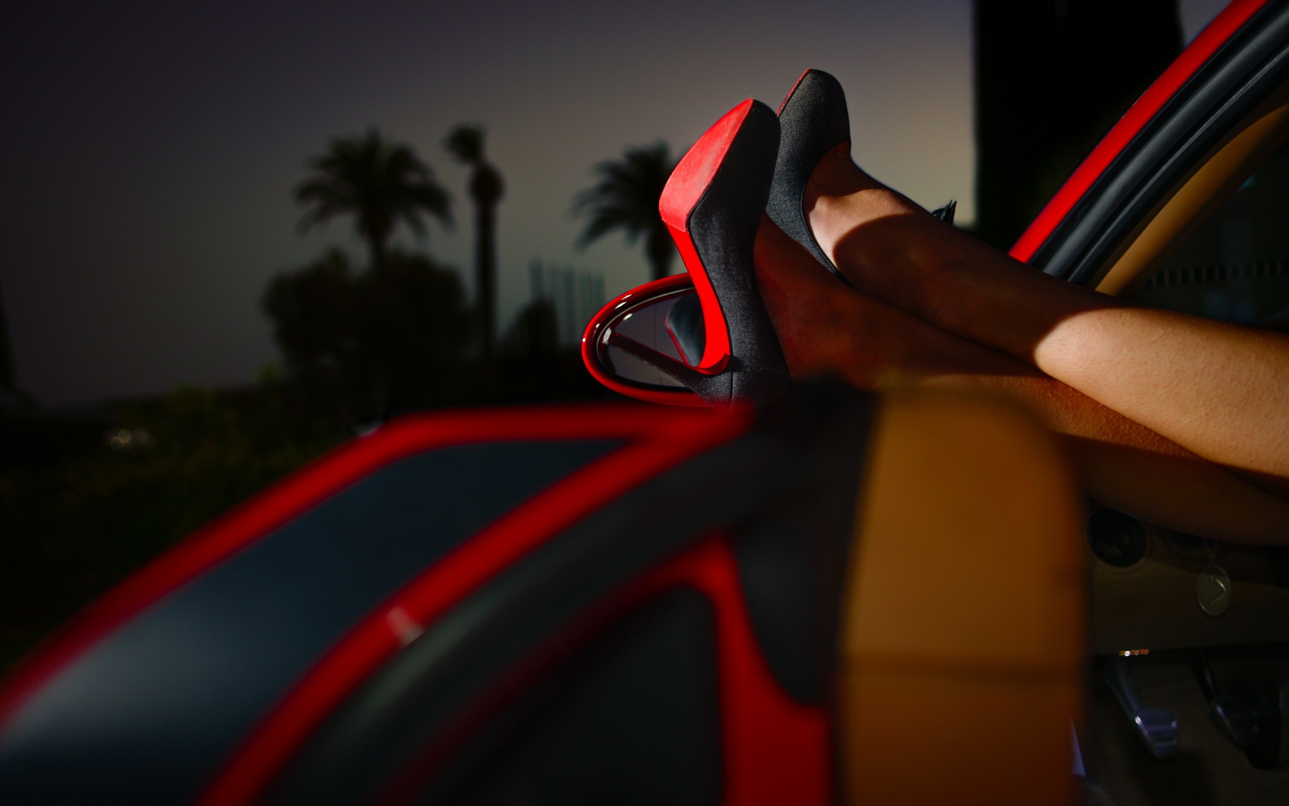 Women Model Legs High Heels Car Car Interior Black Heels Palm Trees Evening Depth Of Field Louboutin 2560x1600