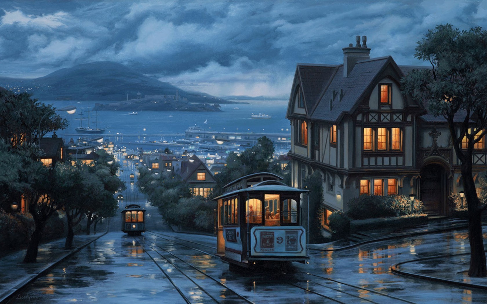 San Francisco Cityscape City Cable Cars Alcatraz Painting 1680x1050