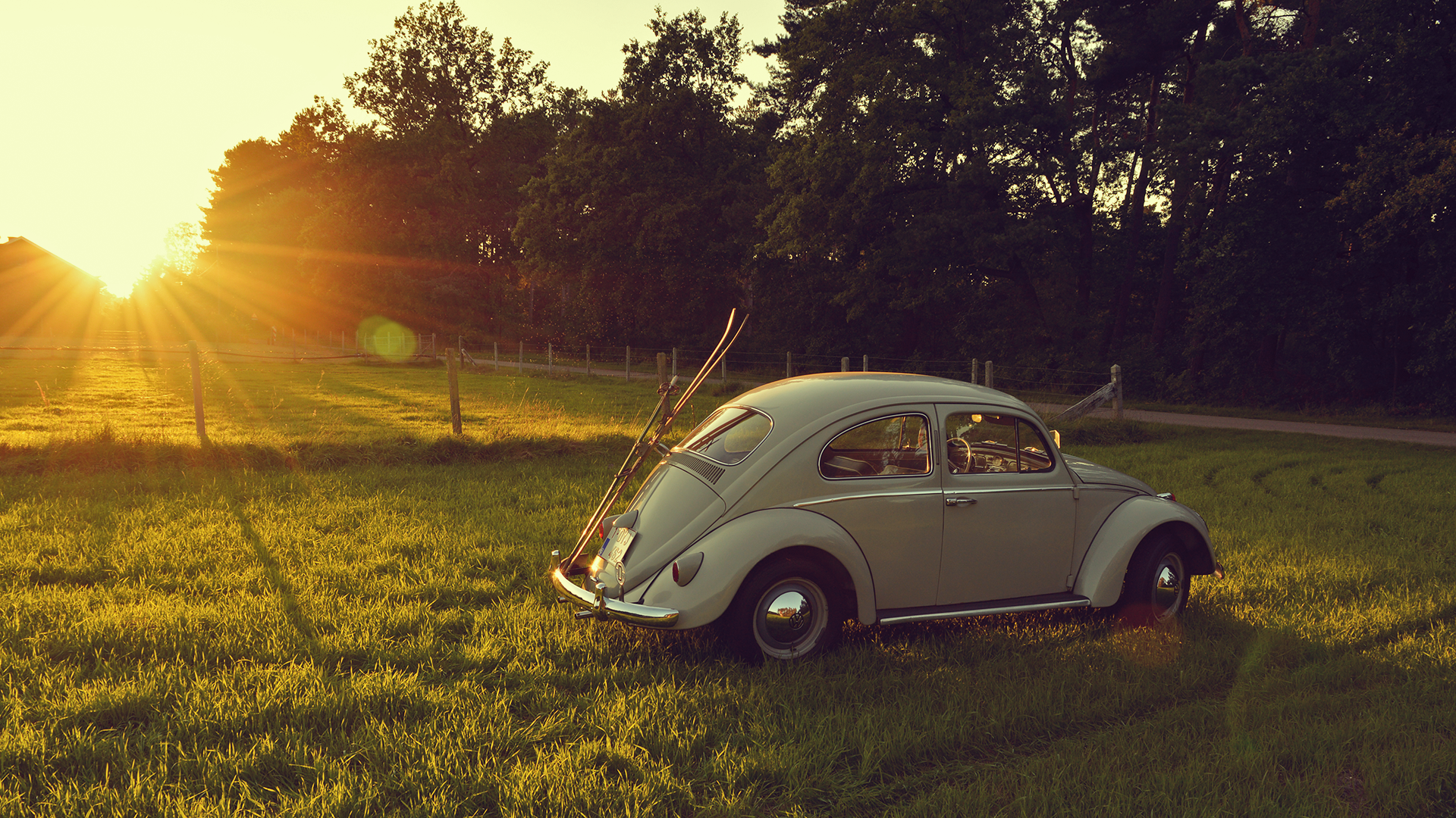 Volkswagen Volkswagen Beetle Car Oldtimers Vintage Skis Grass Sun Rays 1920x1080