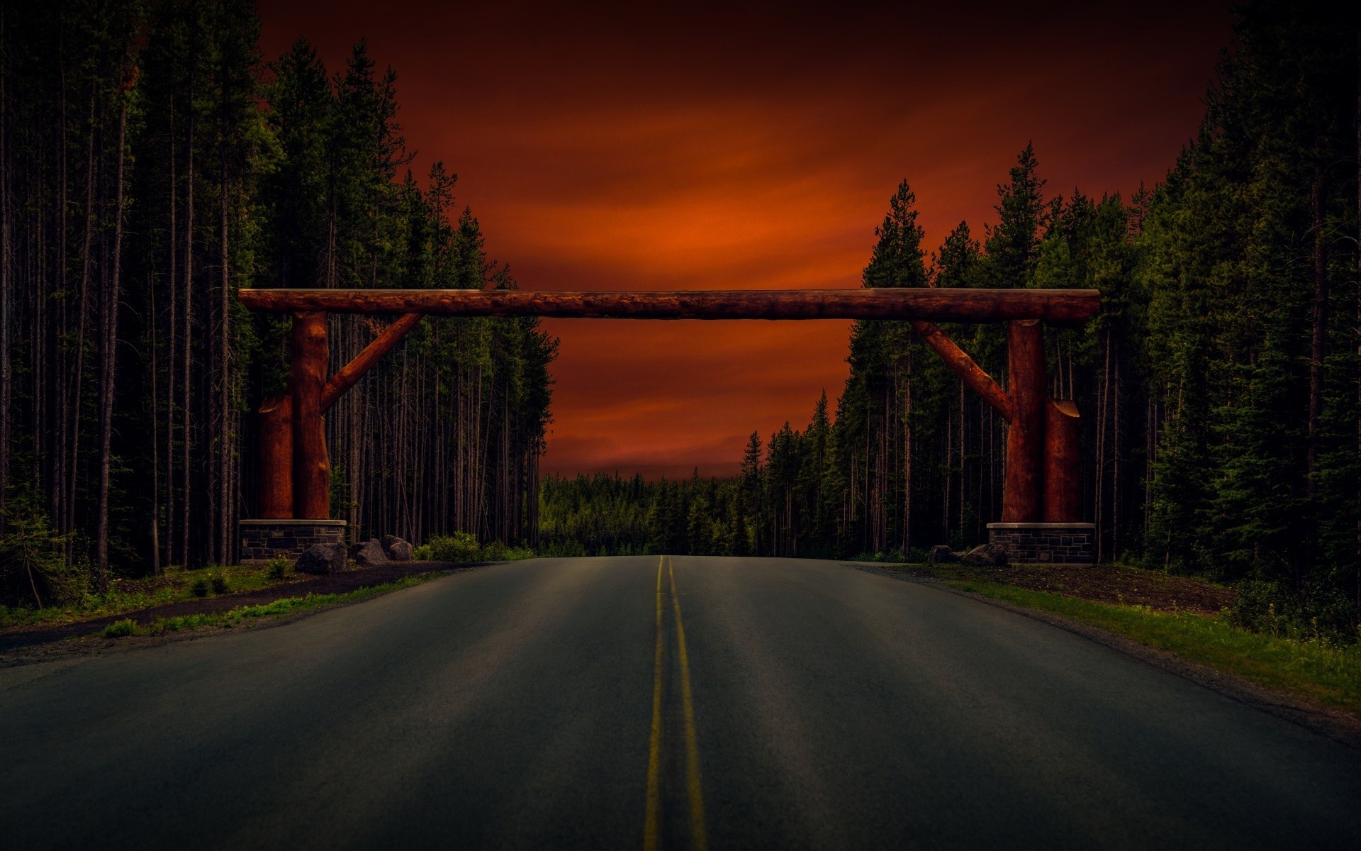 Sky Road Trees Red Sky Landscape 1920x1200
