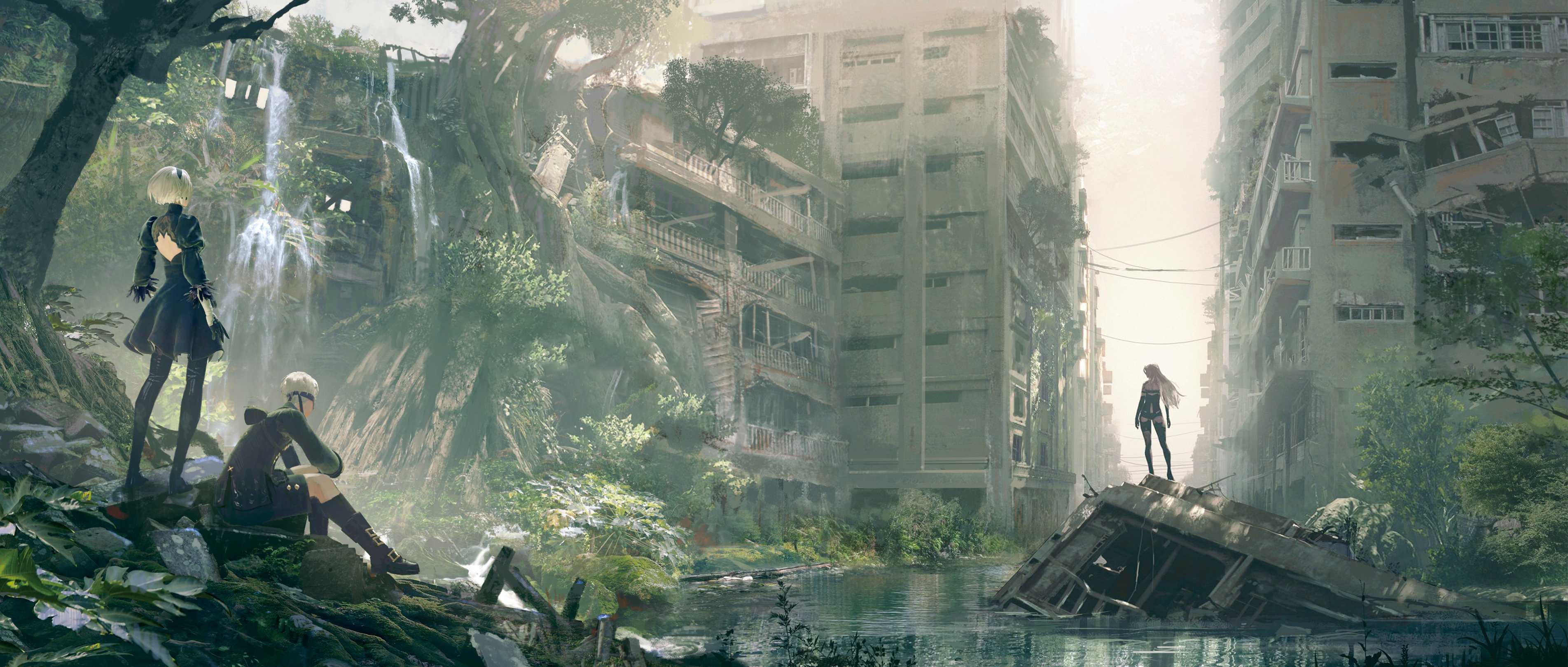 Nier Automata 2B 9S A2 Video Games Ruin Cityscape Apocalyptic Nature Trees Building Waterfall 3807x1619