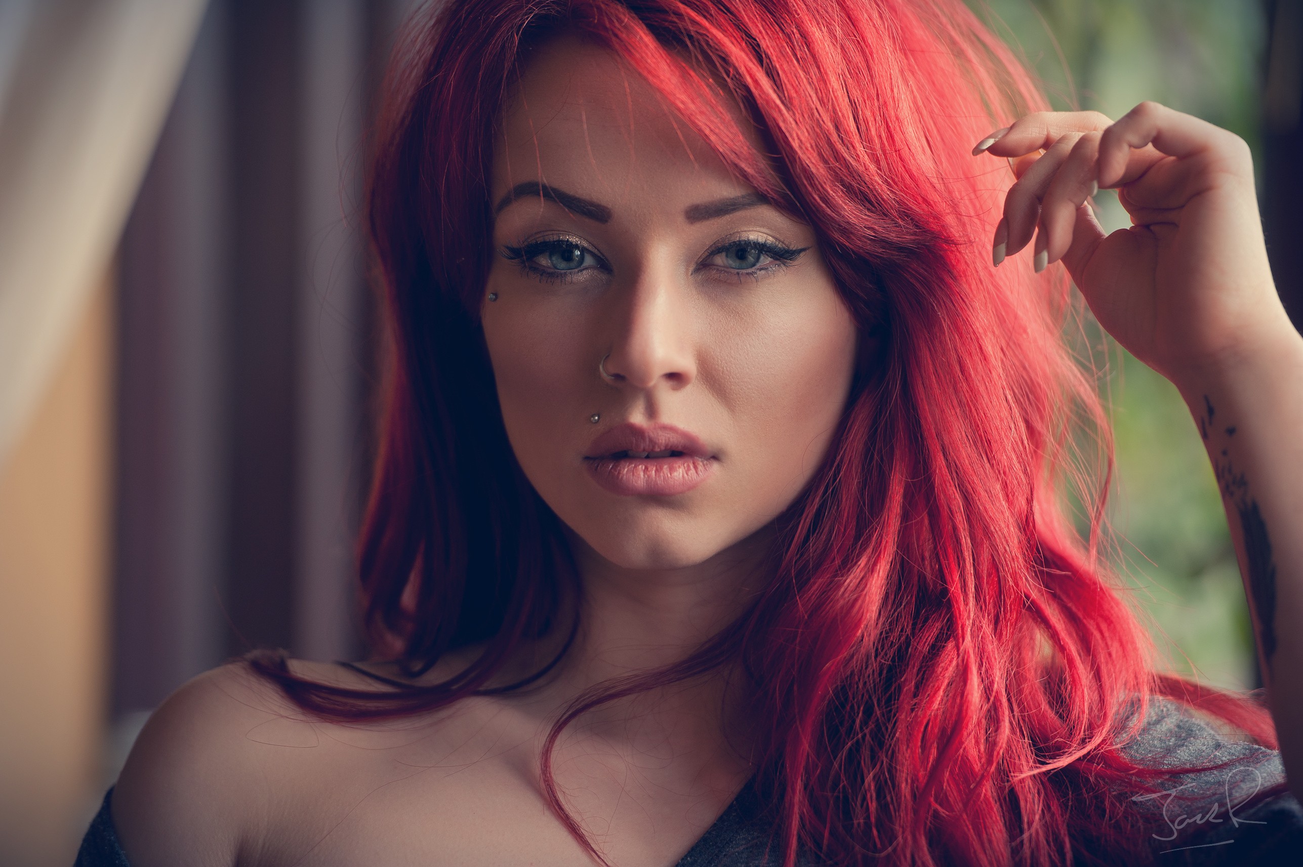 Women Redhead Nose Rings Piercing Tattoo Face Portrait 2014 Year 2574x1713