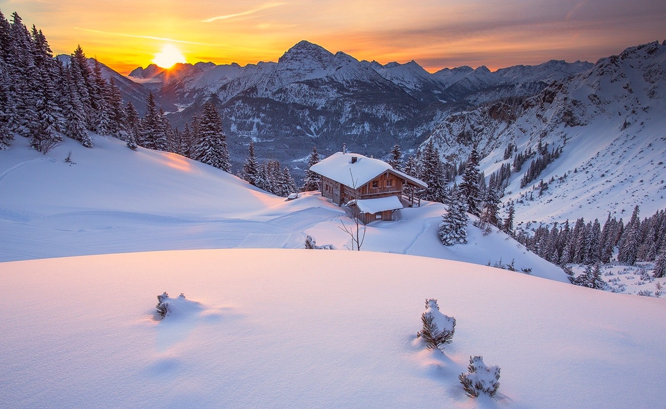 Nature Landscape Tyrol Winter Cabin Mountains Pine Trees Snow Sky Forest 1366x839