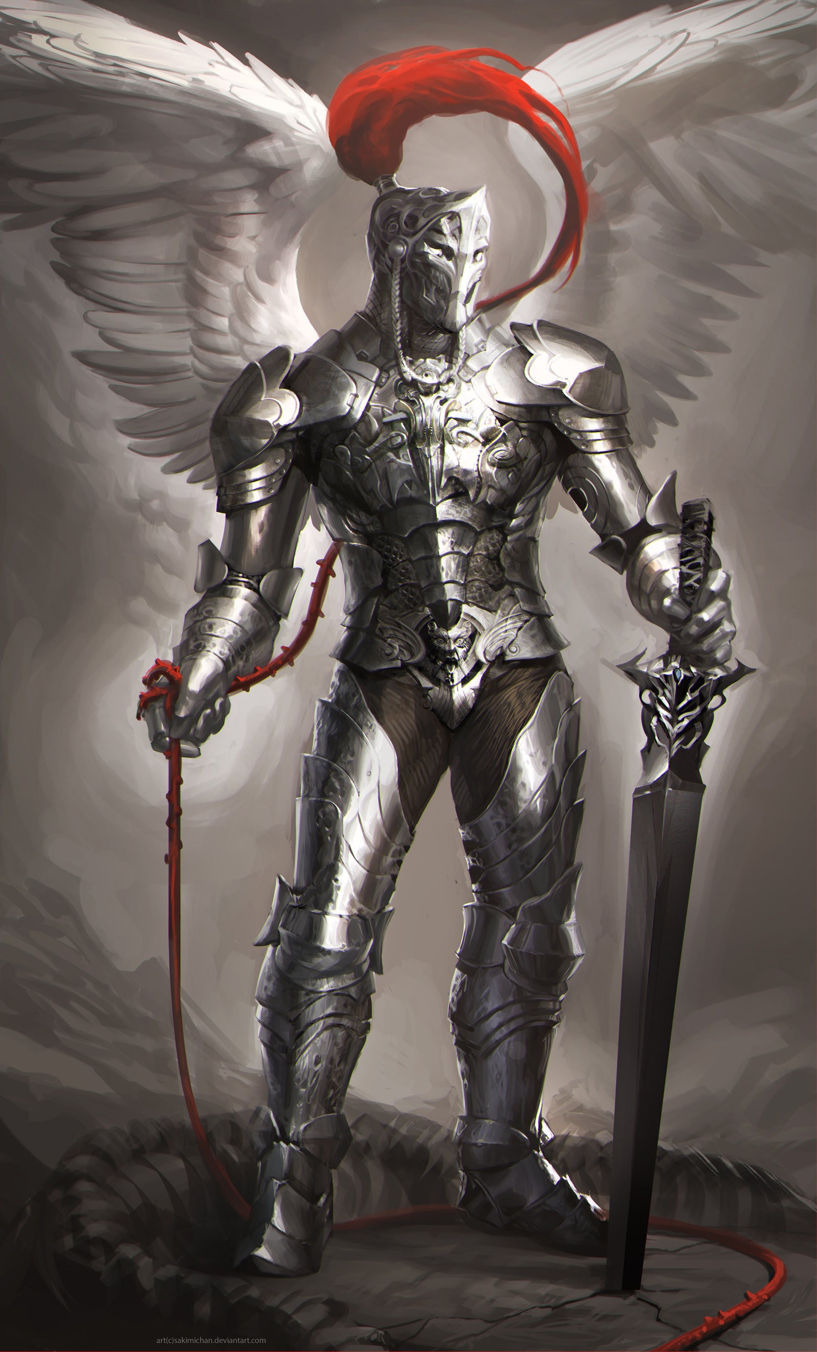 Sakimichan Realistic Warrior Armored Wings Sword Fantasy Art Artwork 1600x2646