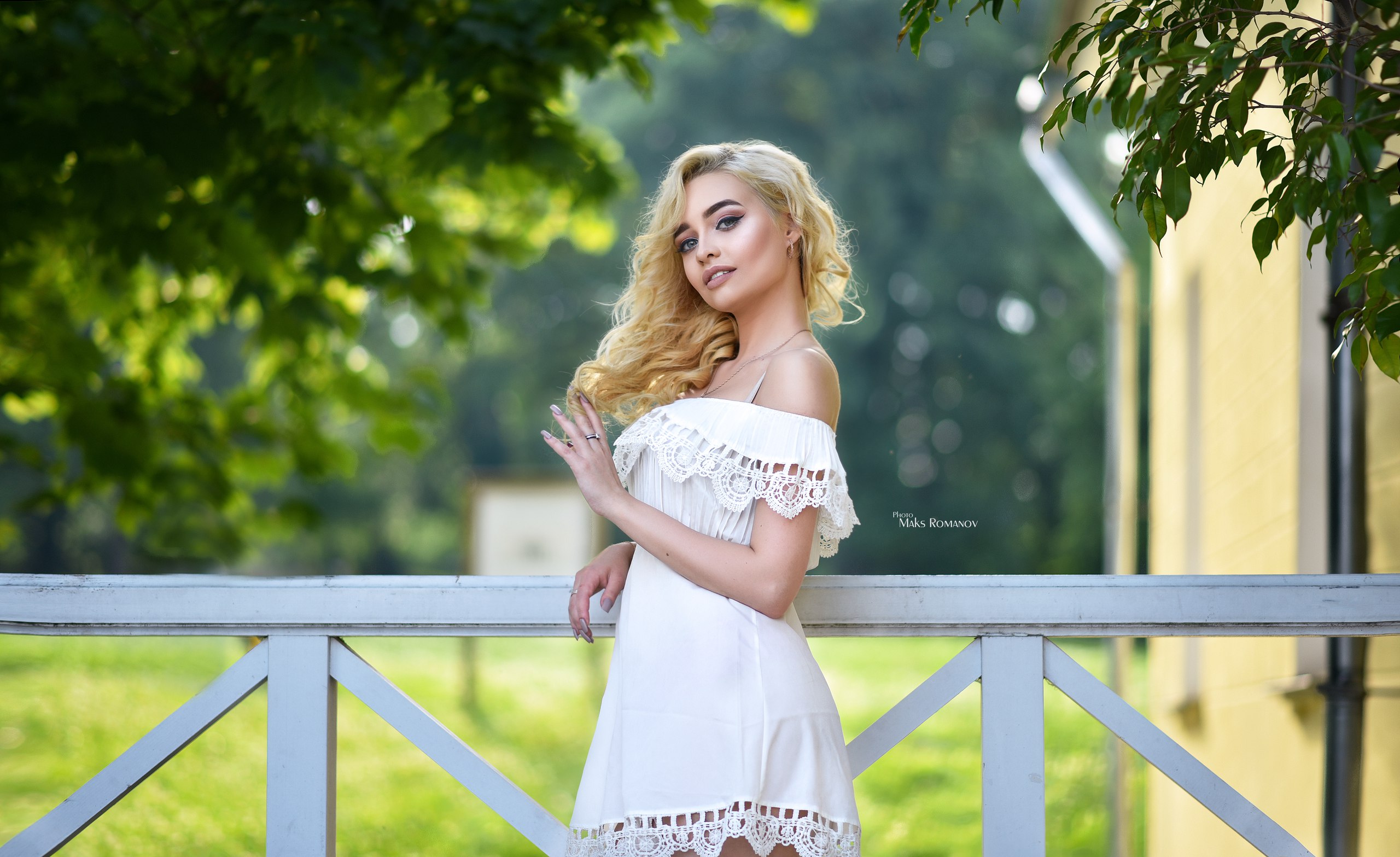 Women Maksim Romanov Blonde Portrait White Dress Smiling Depth Of Field Women Outdoors 2560x1567