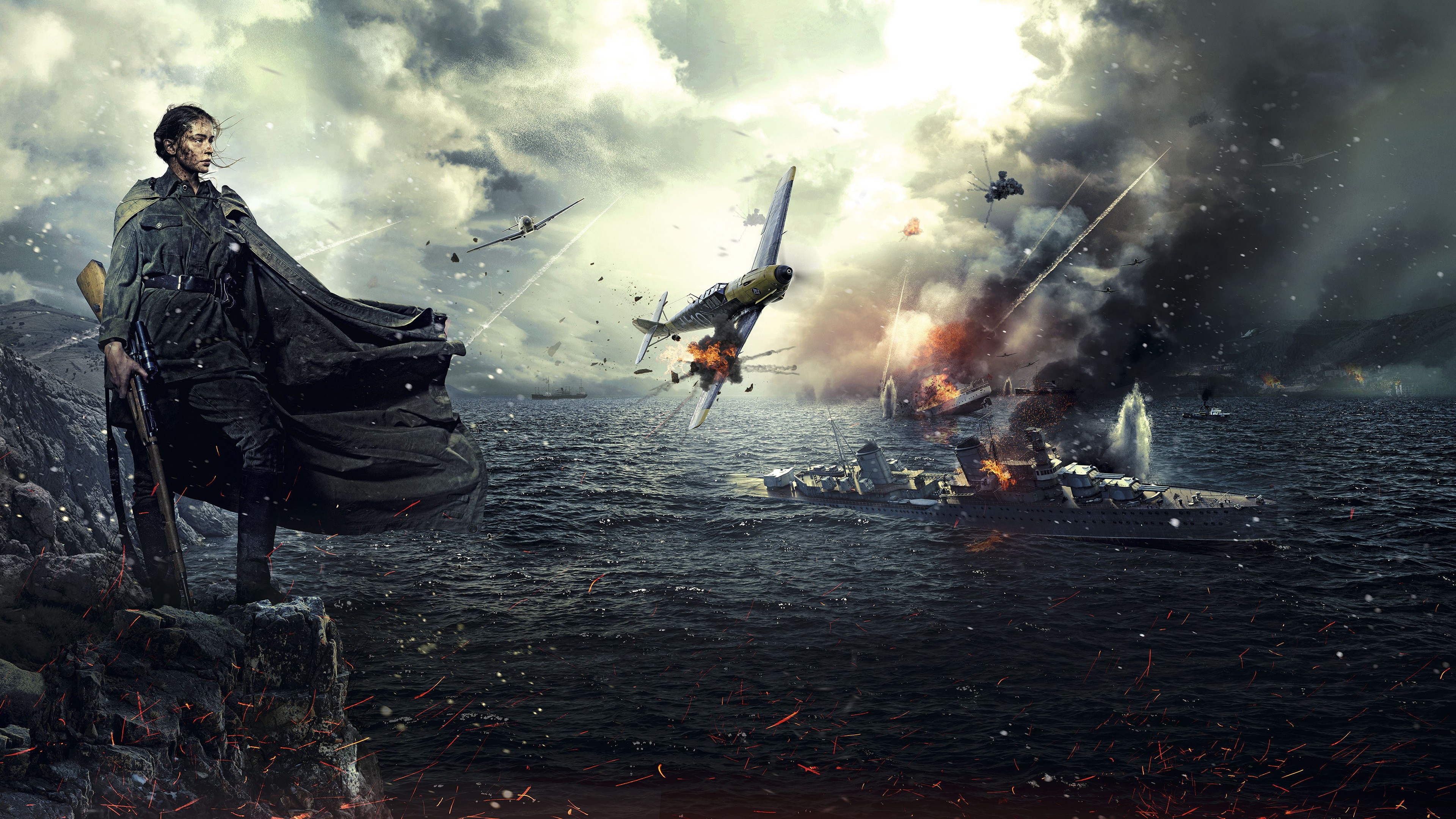 Battle World War Ii Soldier Women Messerschmitt Bf 109 Battleships Snipers Sniper Rifle Artwork USSR 3840x2160