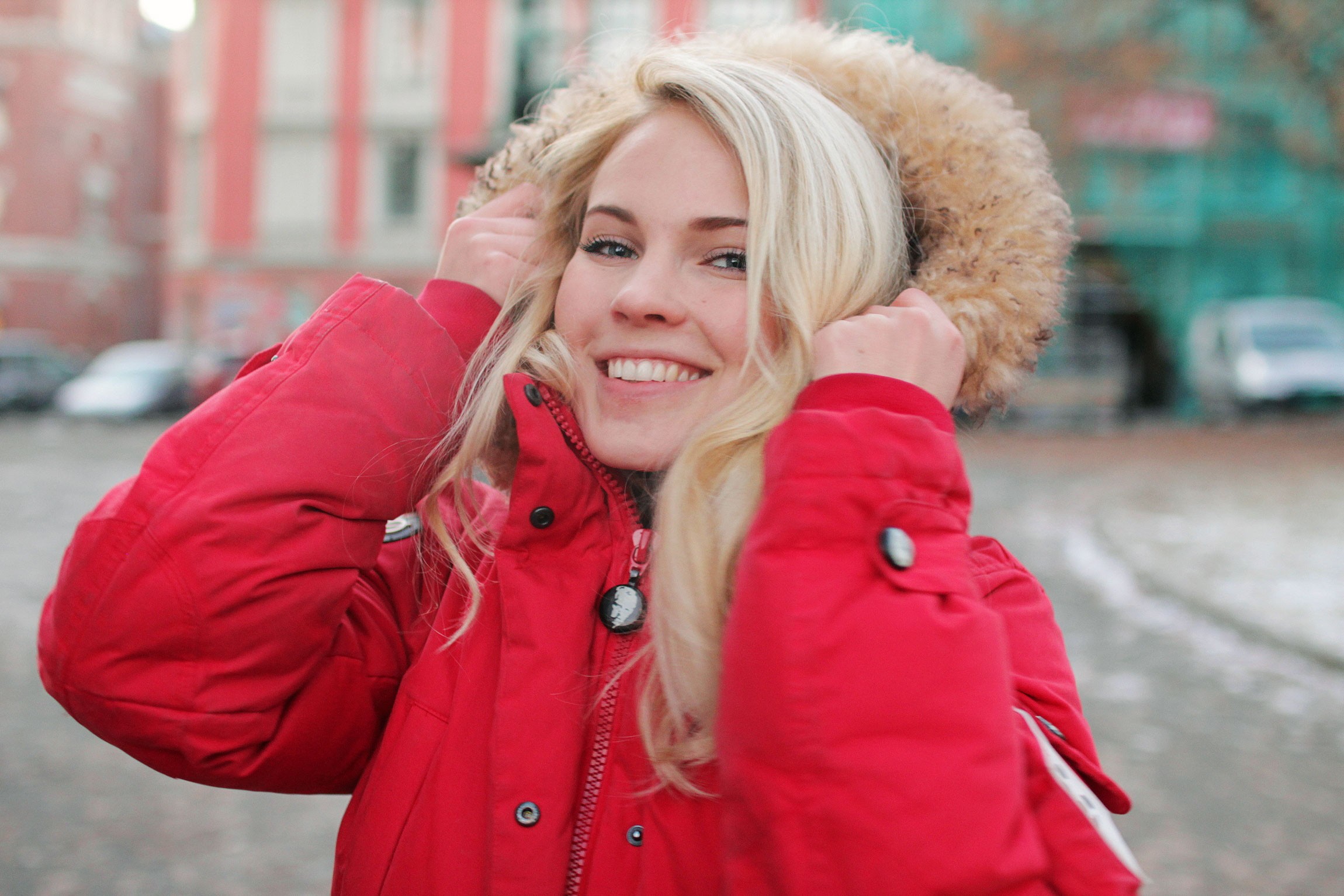 Women Blonde Face Smiling Jacket Street Looking At Viewer Norwegian Emilie Marie Nereng Red Jackets 2300x1534
