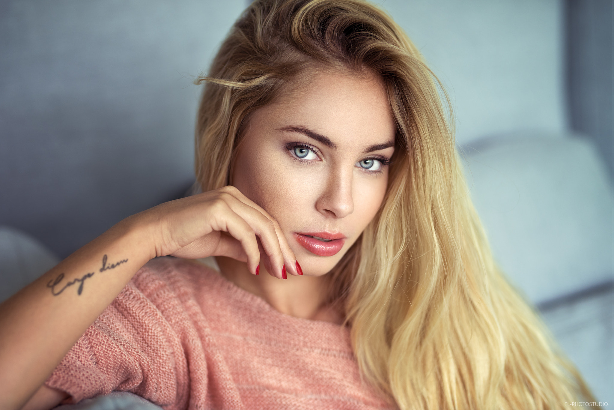 Women Blonde Face Portrait Red Nails Tattoo Lods Franck Cassandre Lamarche 2048x1367