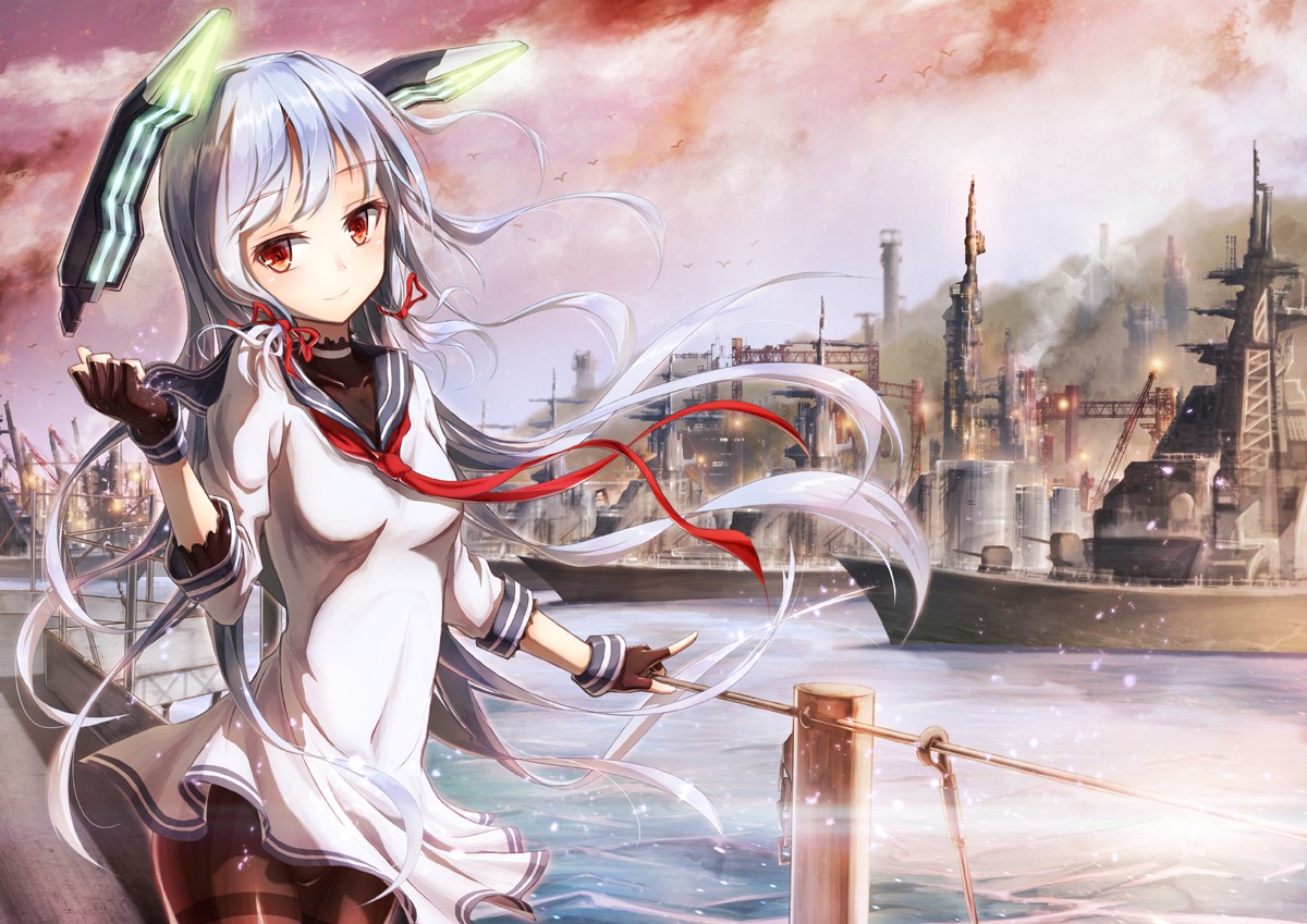 Kantai Collection Murakumo KanColle Long Hair Ribbon Red Eyes Ports Ship Birds Anime Girls Anime 1200x849