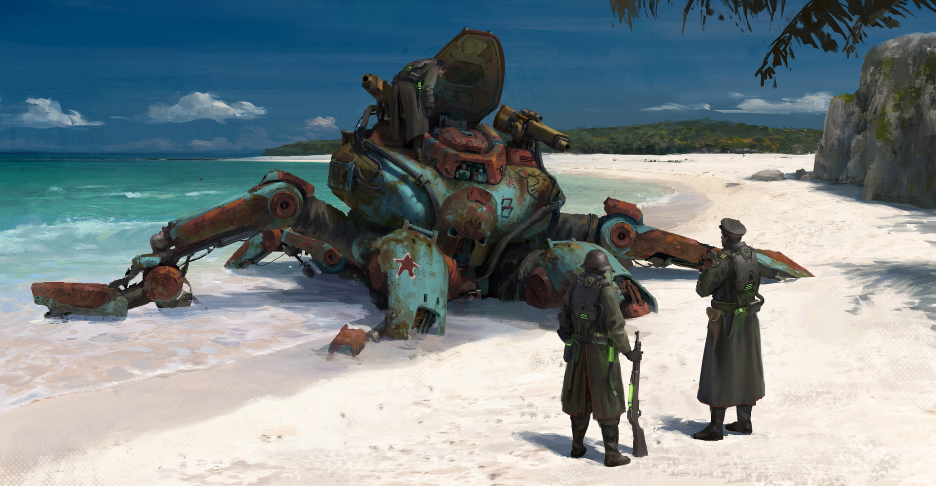 Futuristic Wreck Weapon Beach Tropical Water Fantasy Art Trench Coat USSR 1920x997