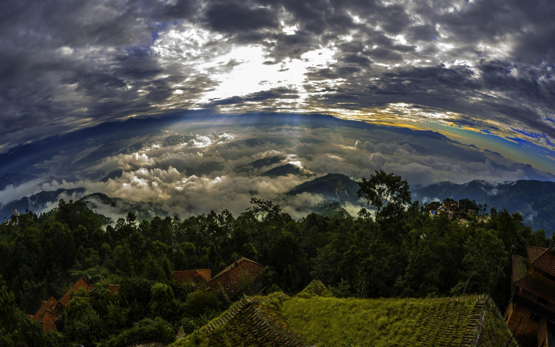 Nature Landscape Nepal Trees Clouds Mountains Sun Rays Rooftops Sky Panoramas 1920x1200