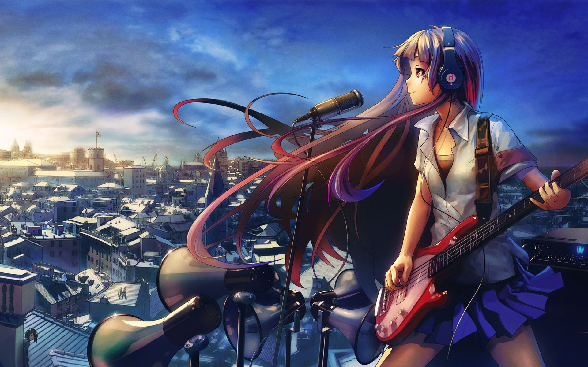 Anime Girls Original Characters Skirt Headphones Bass Guitars 1920x1200