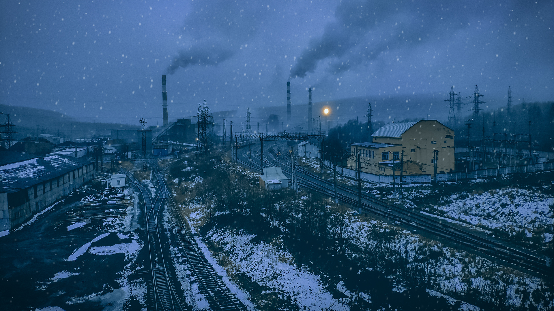 Industrial Snow Winter Environment Sky Factories Railway Dirt Building Factory Tubes Smoke Snowing D 1920x1080