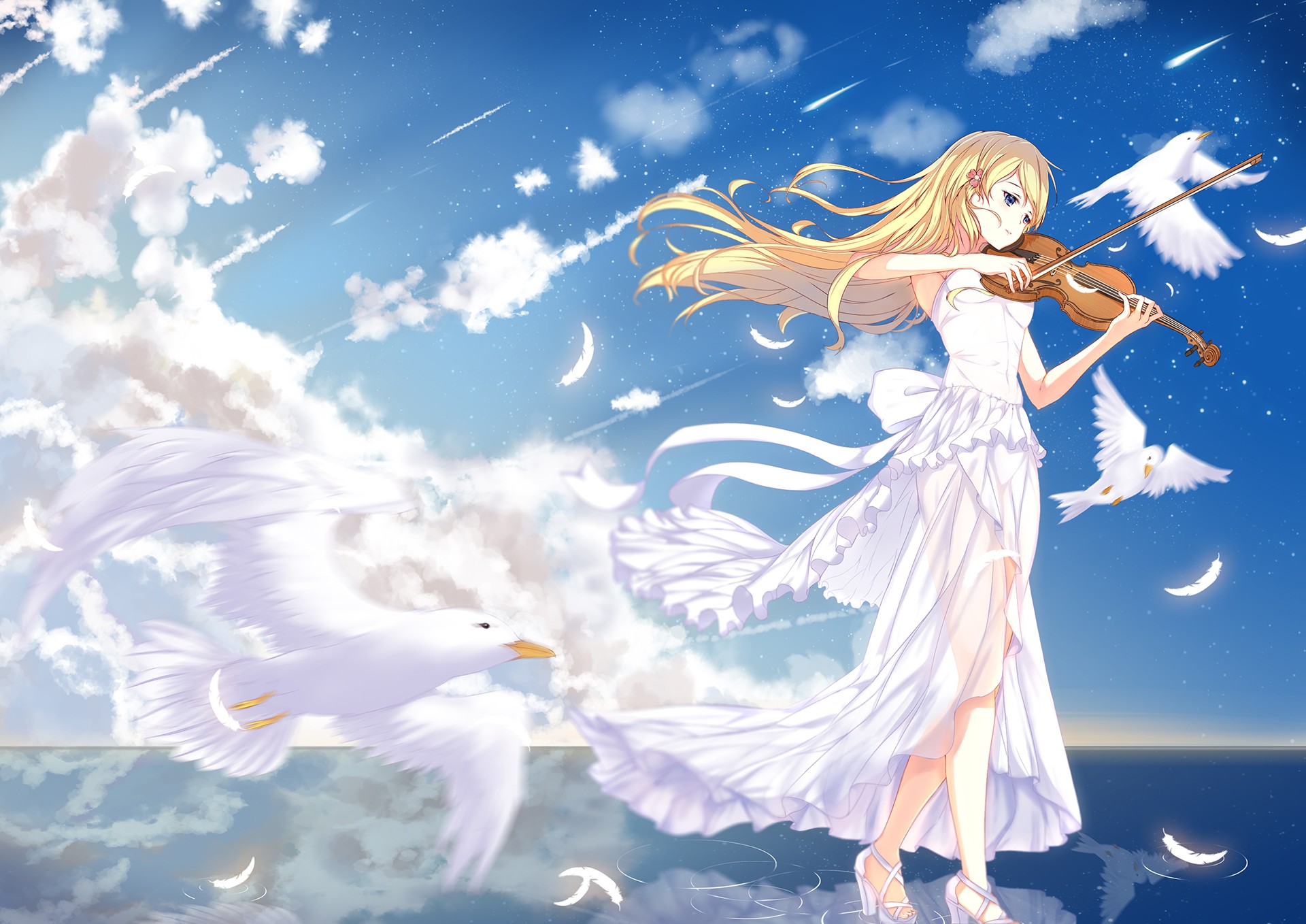 Anime Anime Girls Shigatsu Wa Kimi No Uso Miyazono Kaori Blonde Clouds Dress Long Hair Violin Water 1920x1358