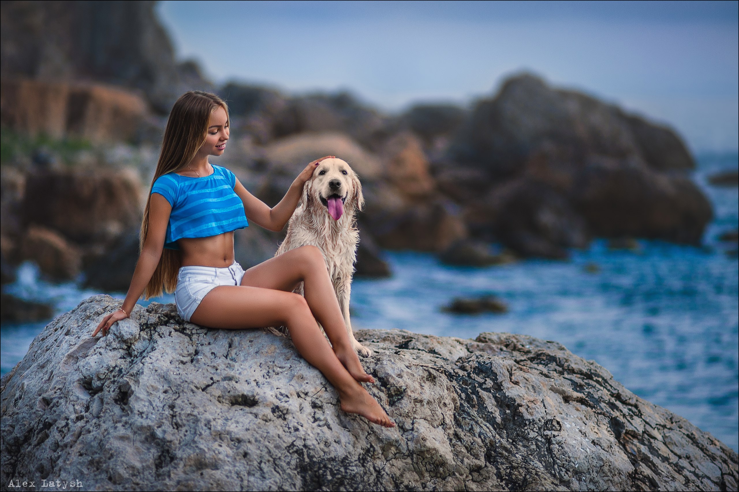 Women Tanned Sitting Sea Women Outdoors Rocks Tank Top Long Hair Blonde Dog Animals Depth Of Field W 2560x1703