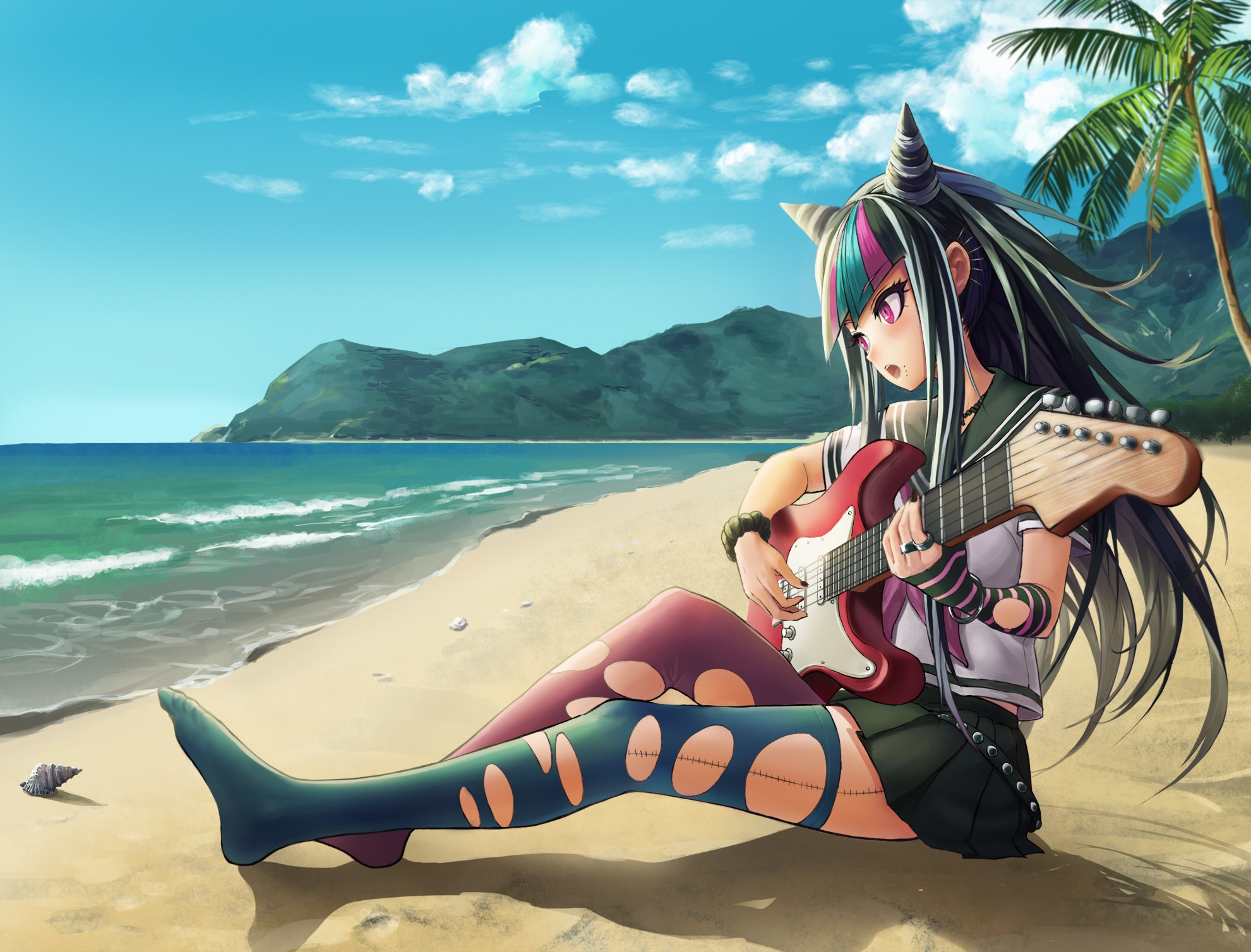 Anime Anime Girls Electric Guitar Beach Sea Legs Pink Eyes Long Hair Danganronpa Ibuki Mioda 1981x1508