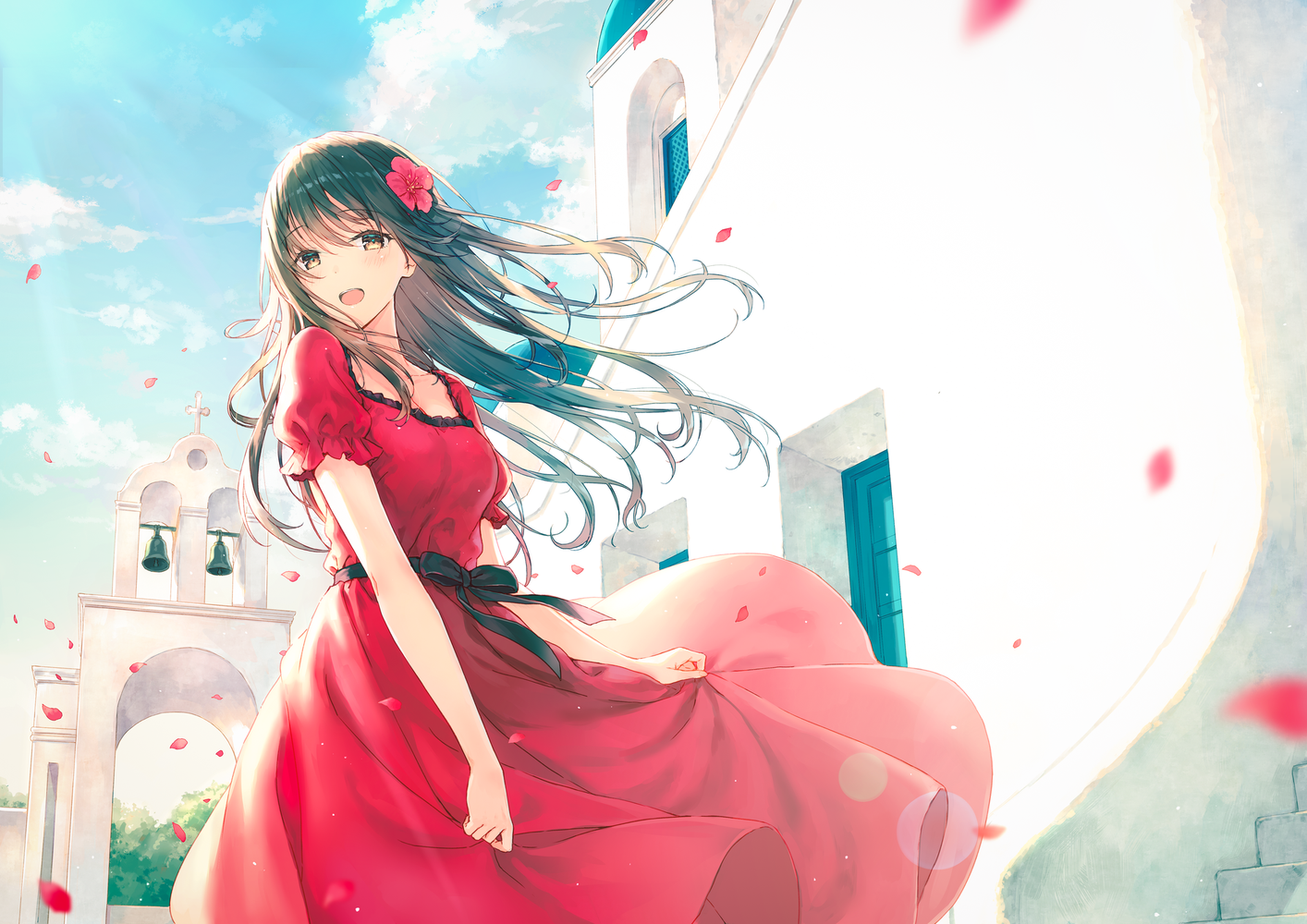 Hiten Anime Girls Anime Dress Flower In Hair Red Dress 1414x1000