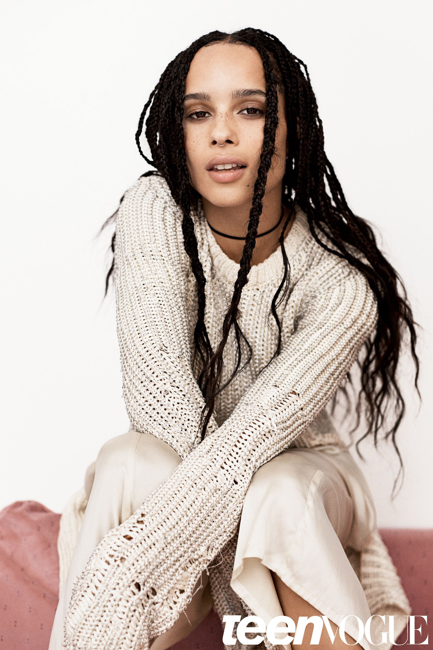 Zoe Kravitz Women Actress Model Looking At Viewer Simple Background Sitting Teen Vogue Freckles Long 1440x2159