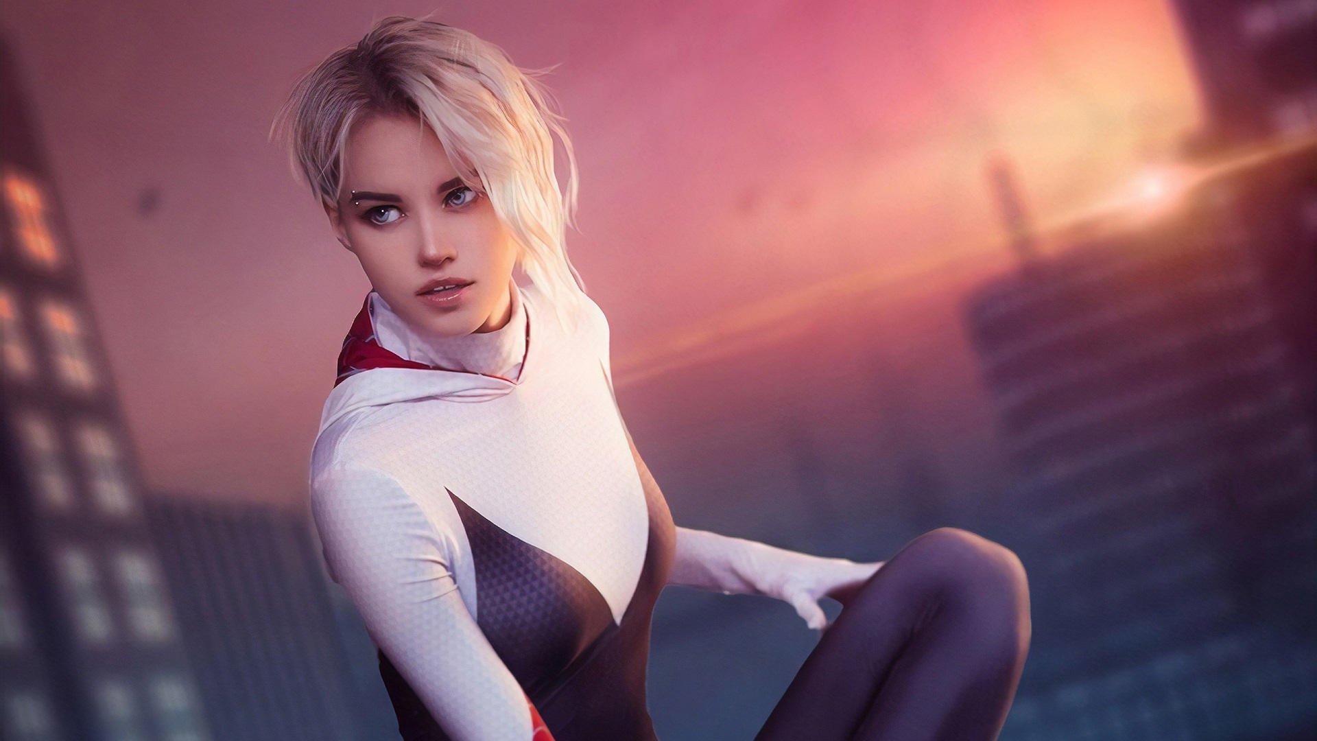 Spider Gwen Gwen Stacy Women Blonde Blue Eyes Piercing Cosplay Shirogane Sama Bunnybii 1920x1080