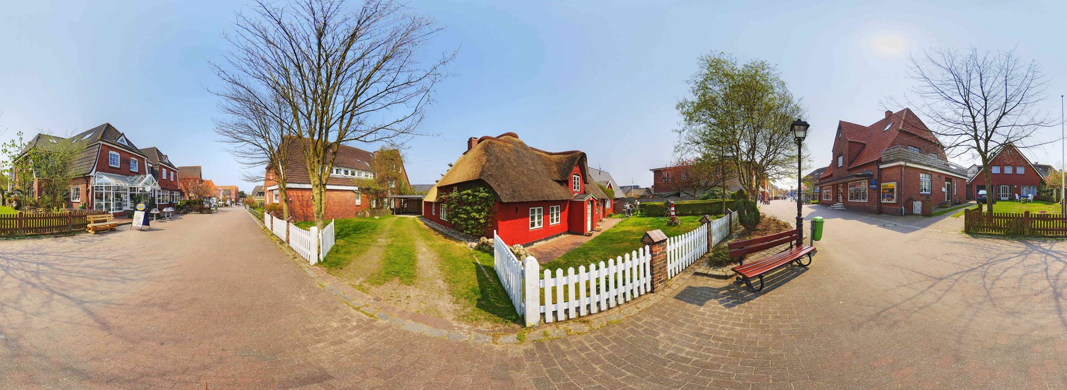 Fisheye Lens Village Street House Fence Bench 2100x768