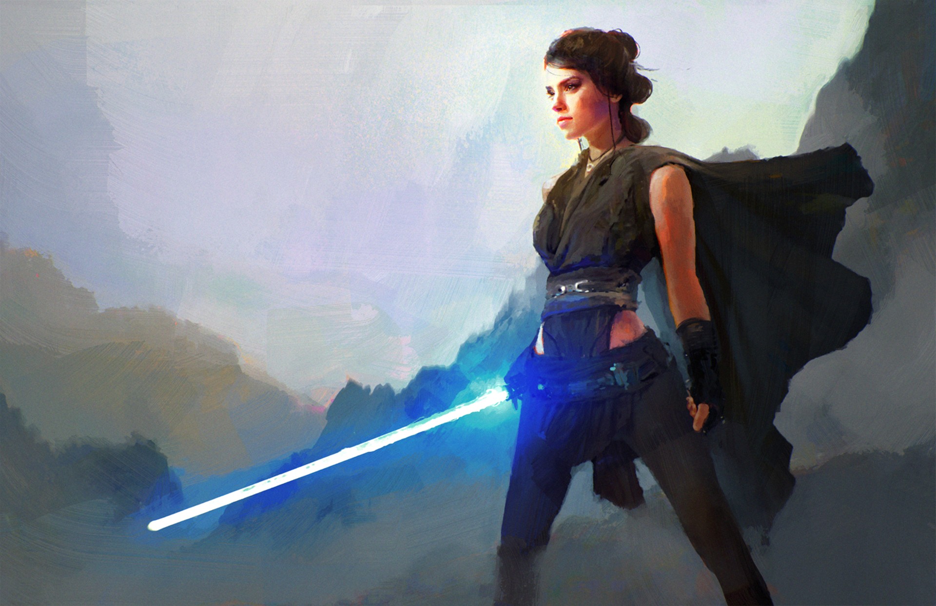 Star Wars Women Artwork Fantasy Art Science Fiction Jedi Lightsaber Rey Daisy Ridley 1920x1243