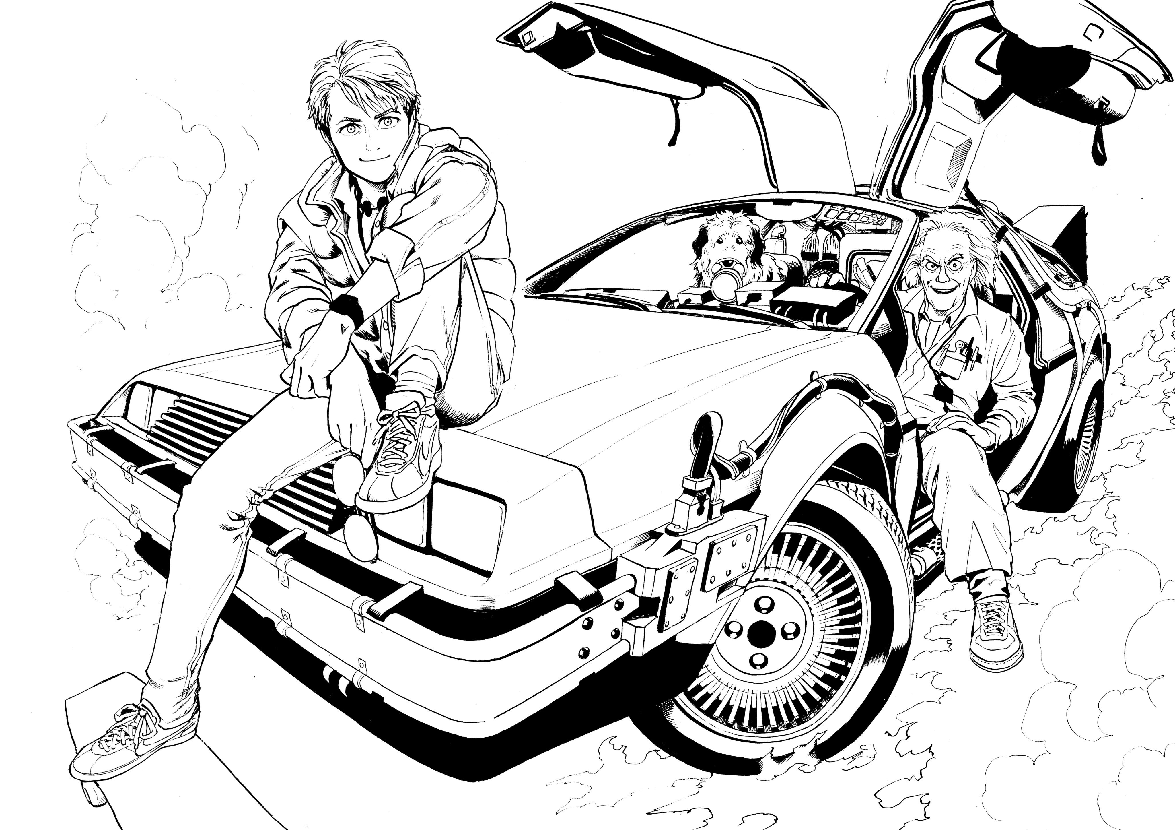 Back To The Future Marty McFly DeLorean DMC DeLorean Car Time Machine Drawn Men Pet Dog Monochrome 4096x2892