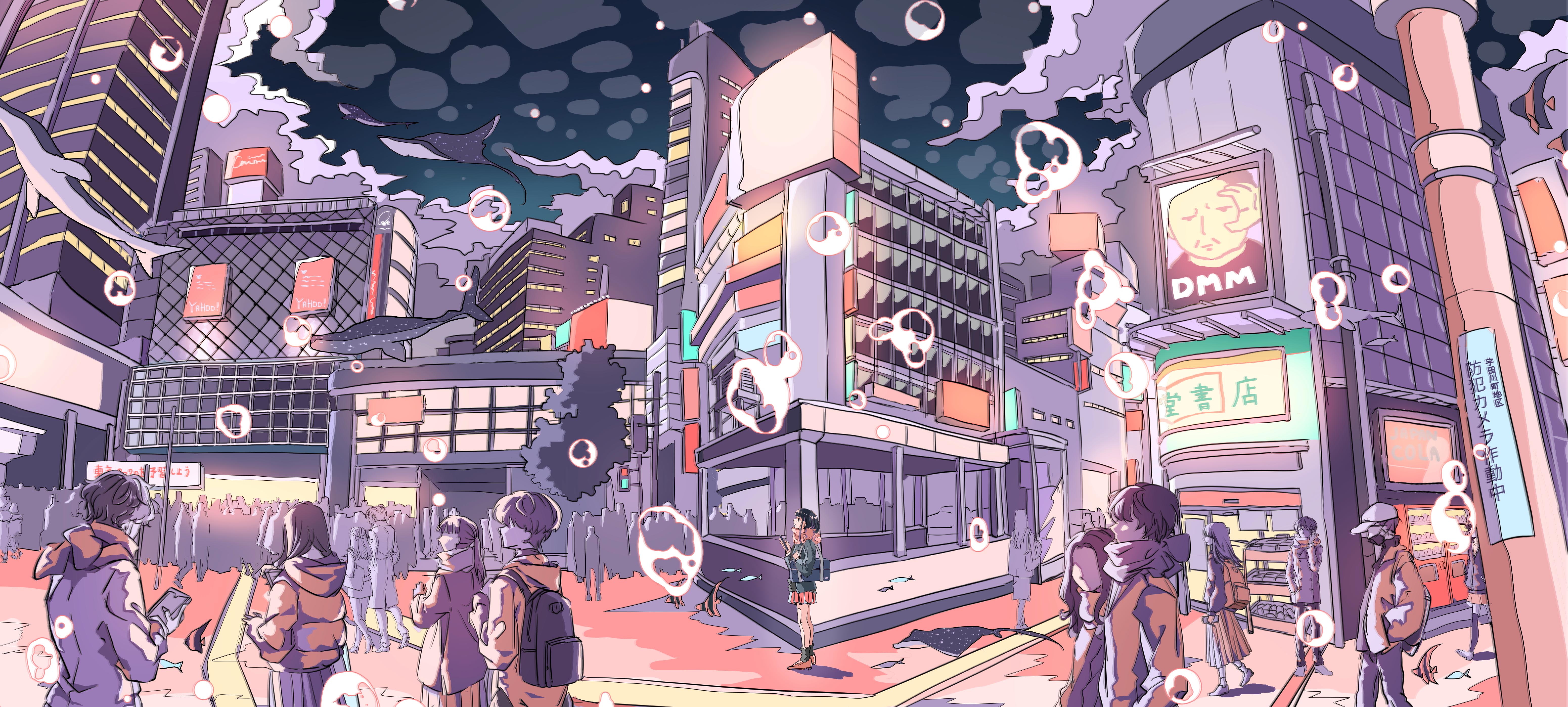 Anime 2D Digital Art Artwork Cityscape Bubbles Manta Rays Whale 6202x2796
