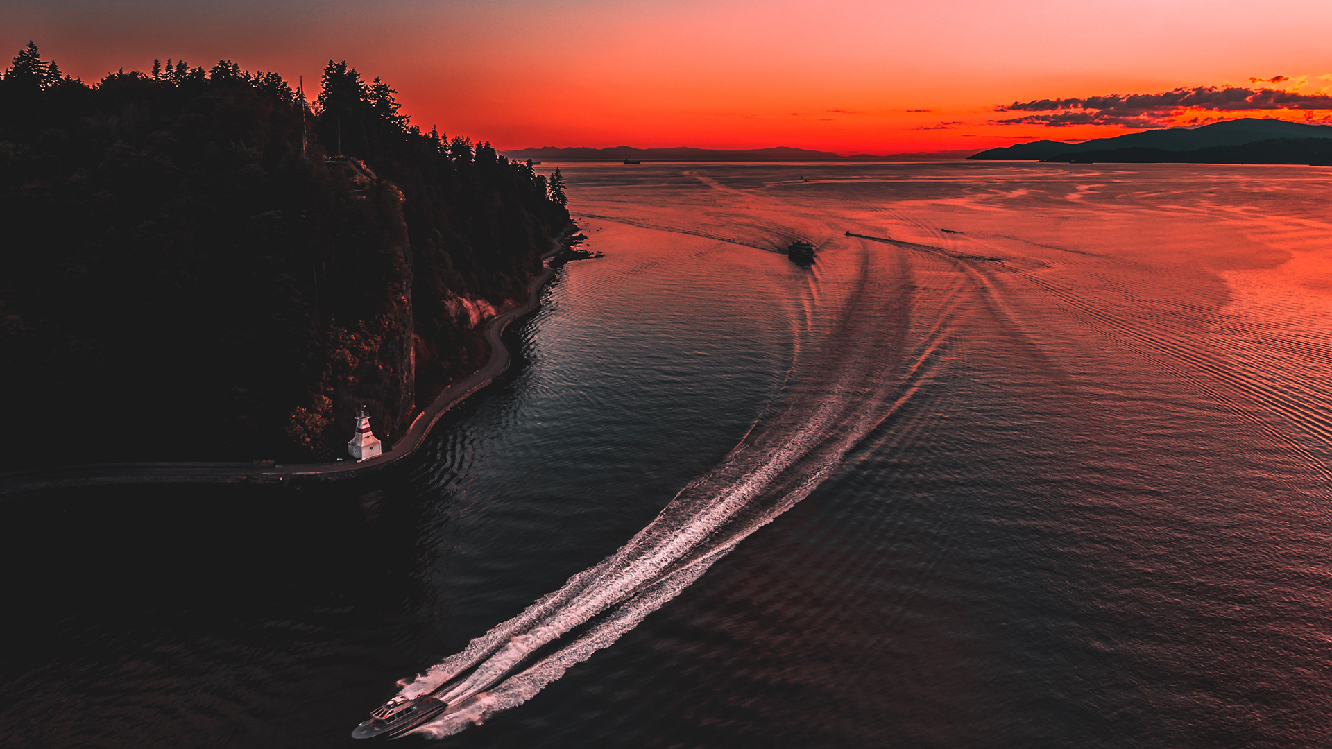 Photography Sunset Boat British Columbia Aerial View 1920x1080