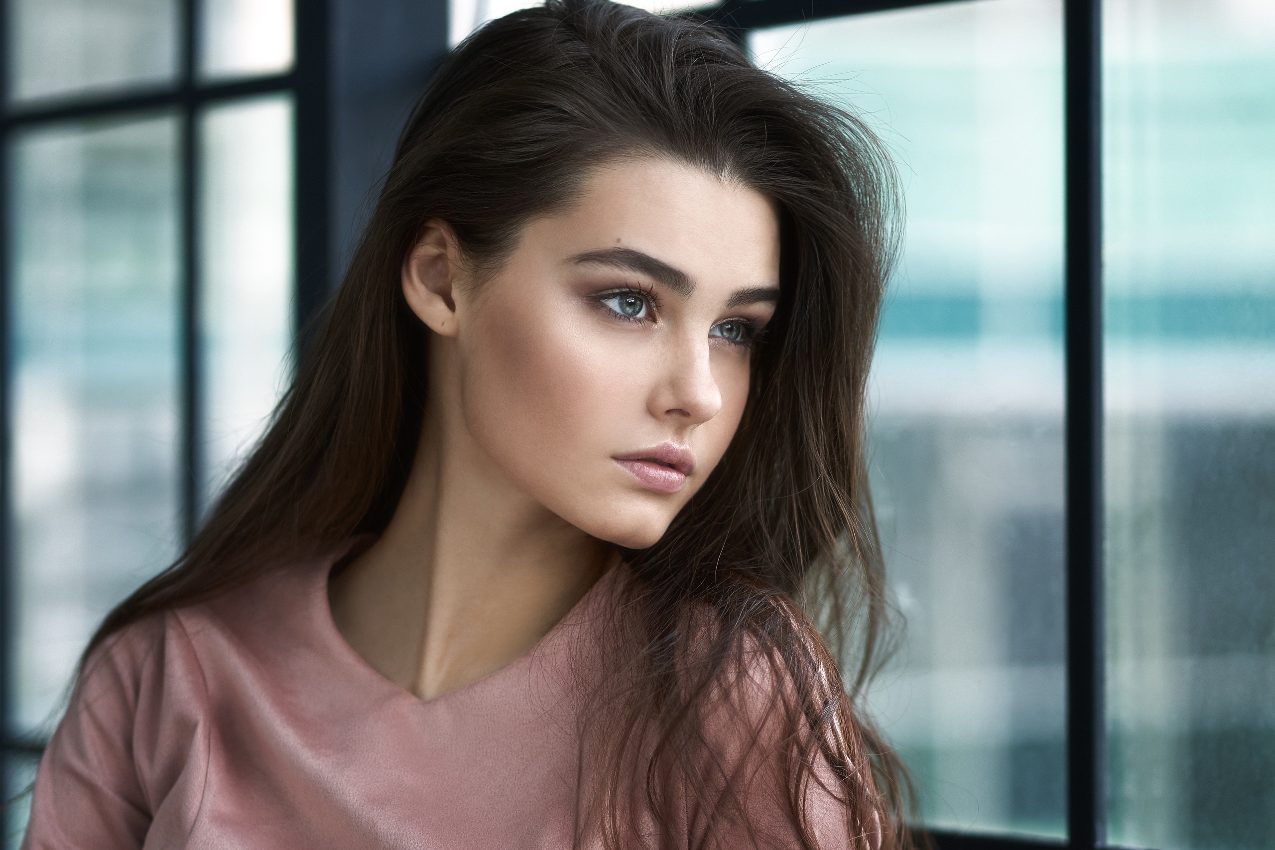 Women Model Portrait Face Dark Hair Women Indoors Pink Sweater Sweater Looking Into The Distance Pin 2560x1707