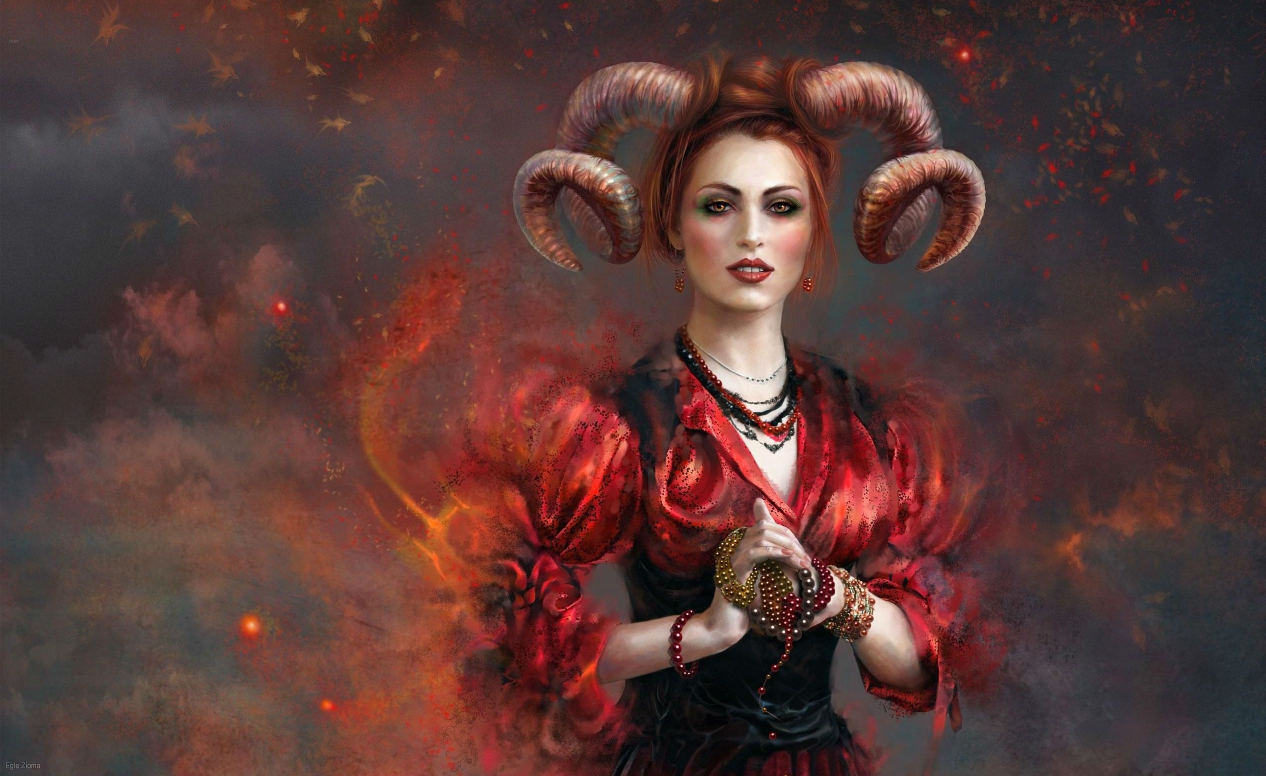 Demoness Redhead Red Tops Jewel Jewelry Fantasy Art Fantasy Girl Horns 2560x1570
