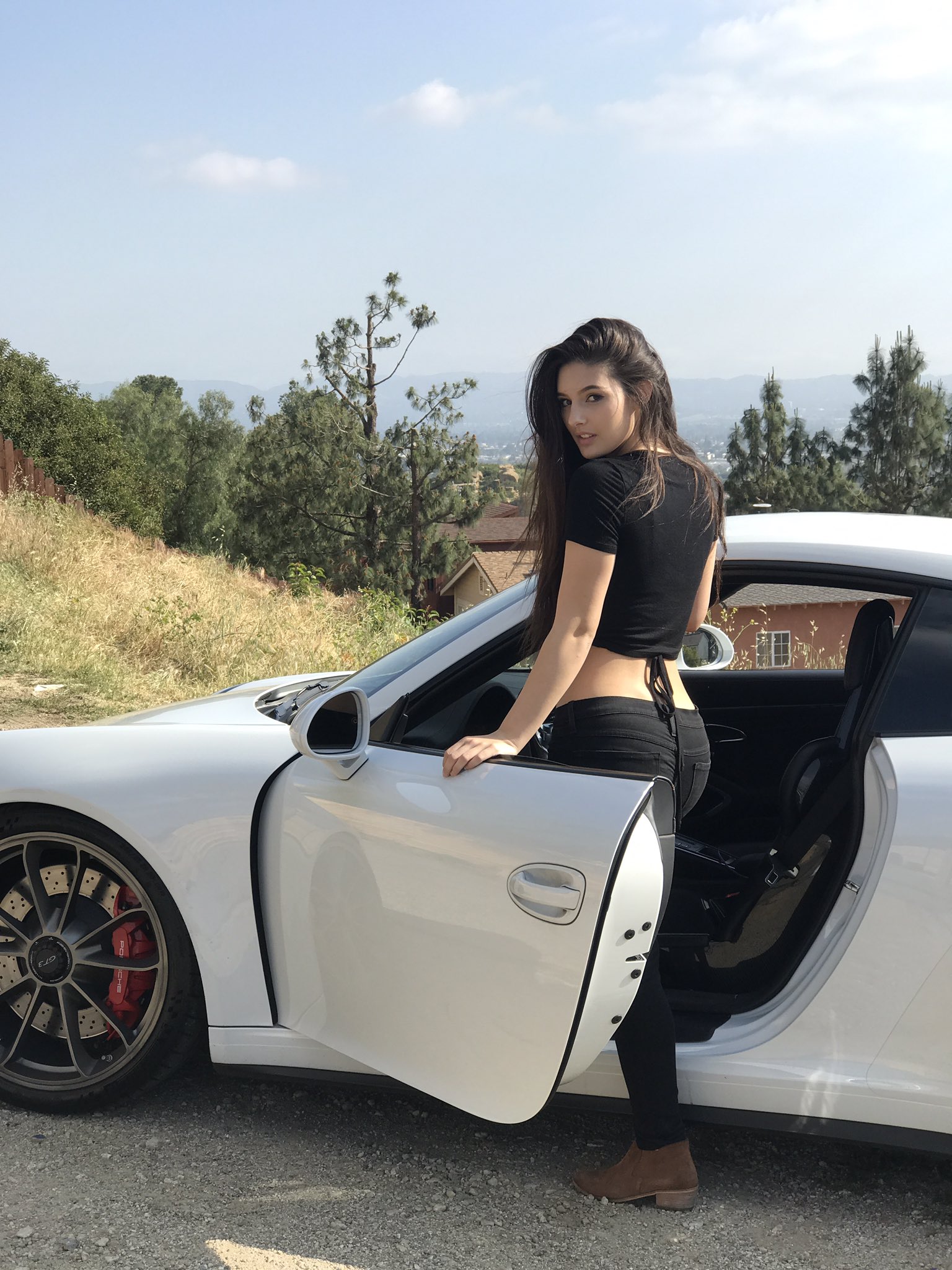 Natalie Gibson Model Looking At Viewer Women Women Outdoors Brunette Black Tops Women With Cars Blac 1536x2048