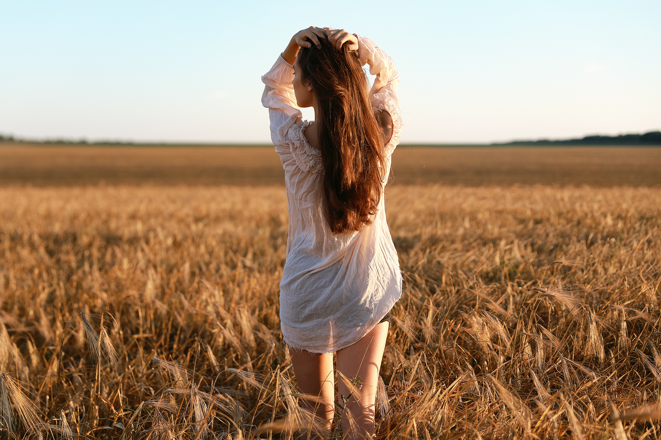 Women Model Brunette Long Hair Shirt Bare Shoulders Hands On Head Back Field Wheat Sky Depth Of Fiel 2560x1707