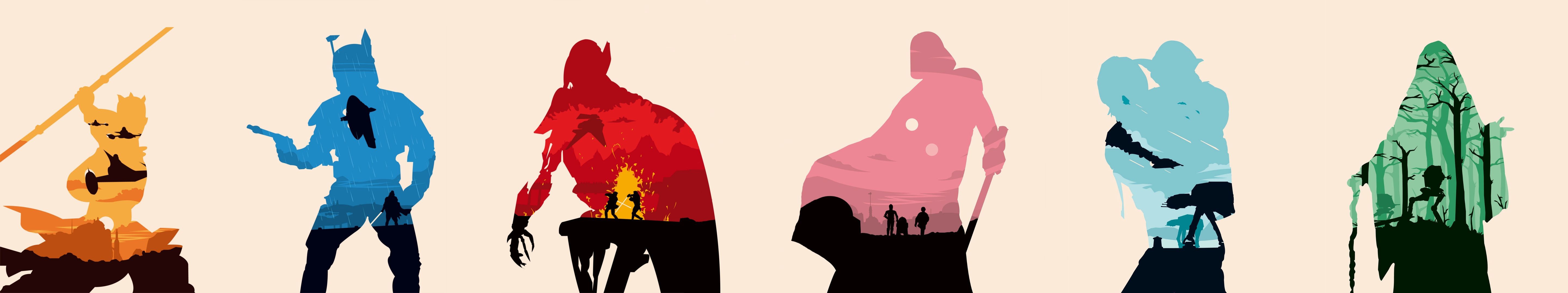 Star Wars Silhouette Olly Moss Artwork Colorful 5760x1080